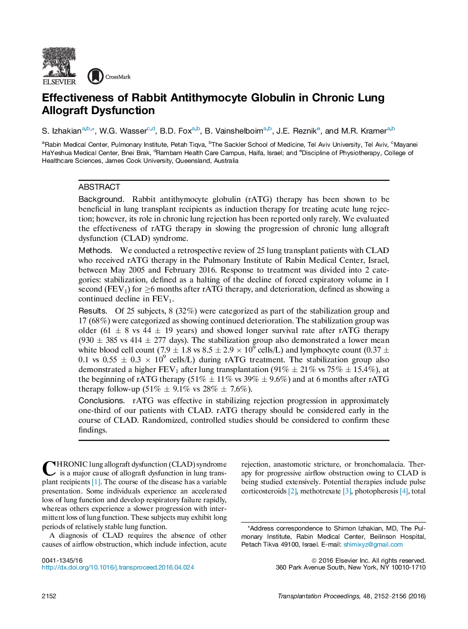 Horizons in TransplantationThoracic transplantationEffectiveness of Rabbit Antithymocyte Globulin in Chronic Lung Allograft Dysfunction