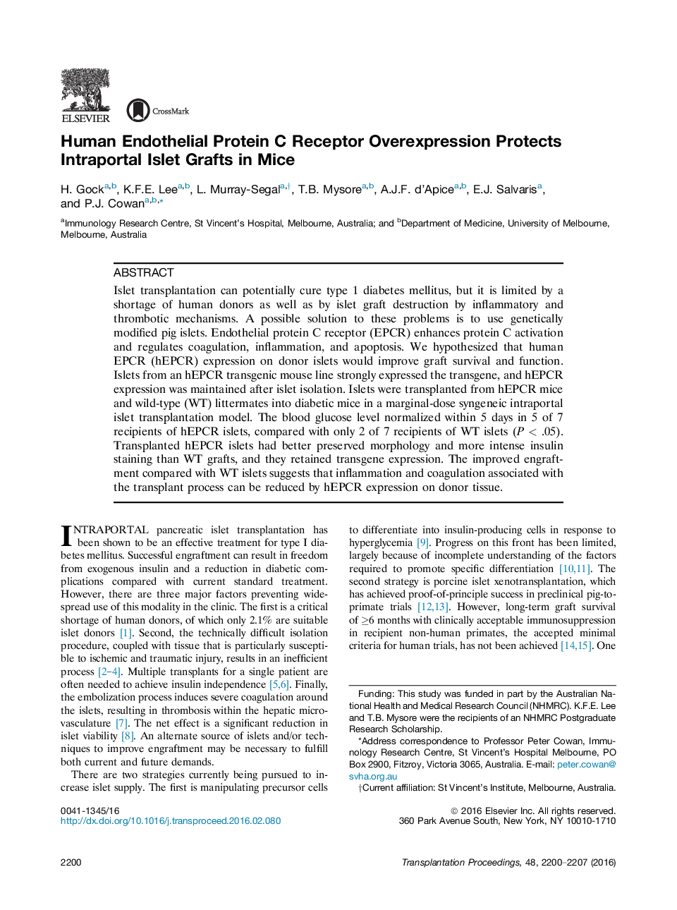 Horizons in TransplantationExperimental transplantationHuman Endothelial Protein C Receptor Overexpression Protects Intraportal Islet Grafts in Mice