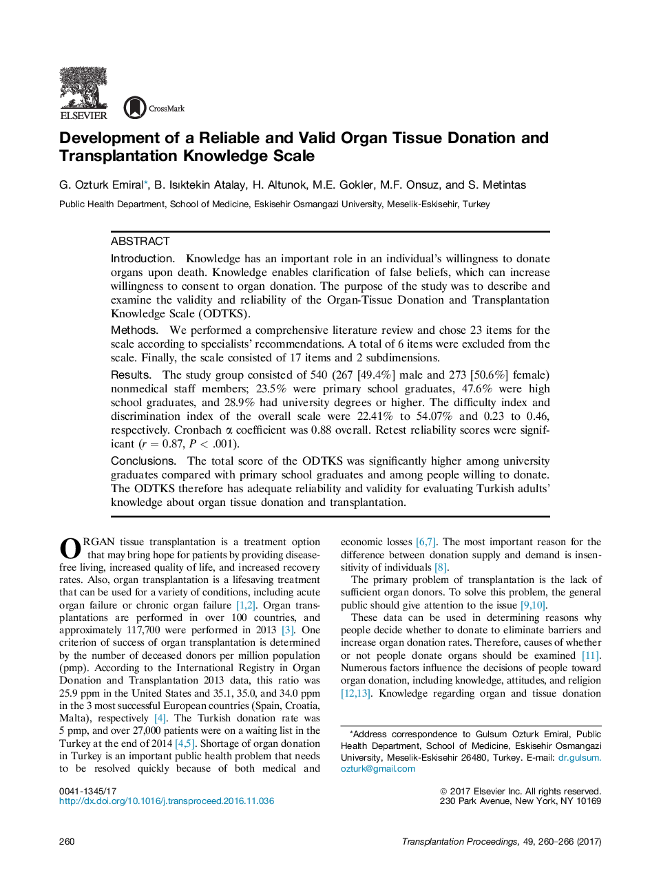 New horizons in transplantationOrgan donationDevelopment of a Reliable and Valid Organ Tissue Donation and Transplantation Knowledge Scale