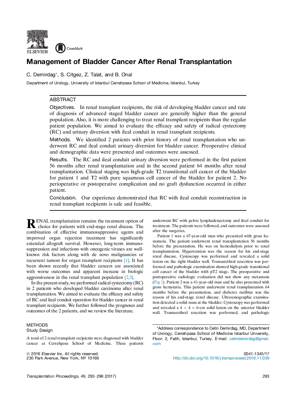 New horizons in transplantationKidney transplantationManagement of Bladder Cancer After Renal Transplantation