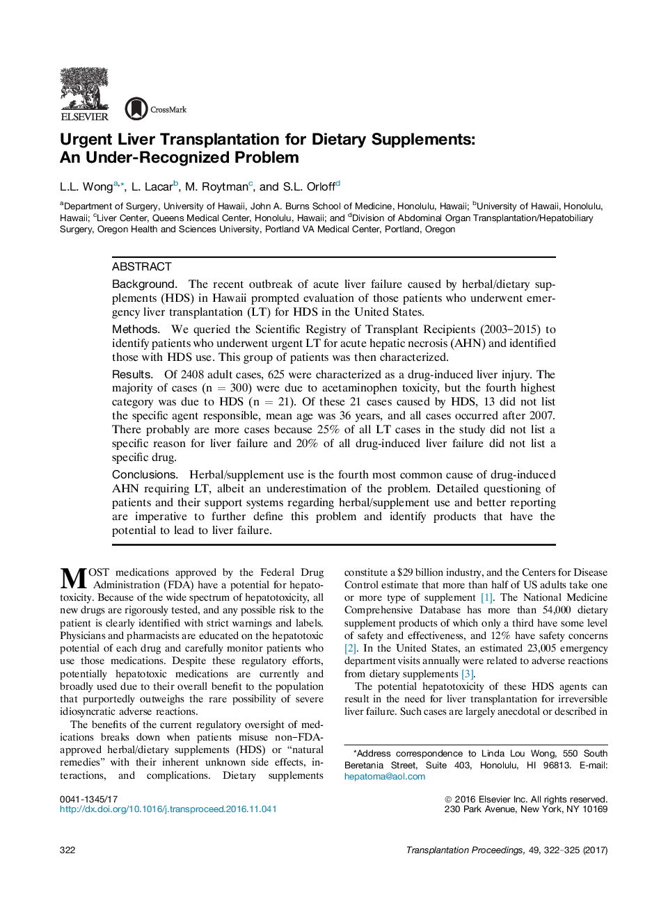 New horizons in transplantationLiver transplantationUrgent Liver Transplantation for Dietary Supplements: An Under-Recognized Problem