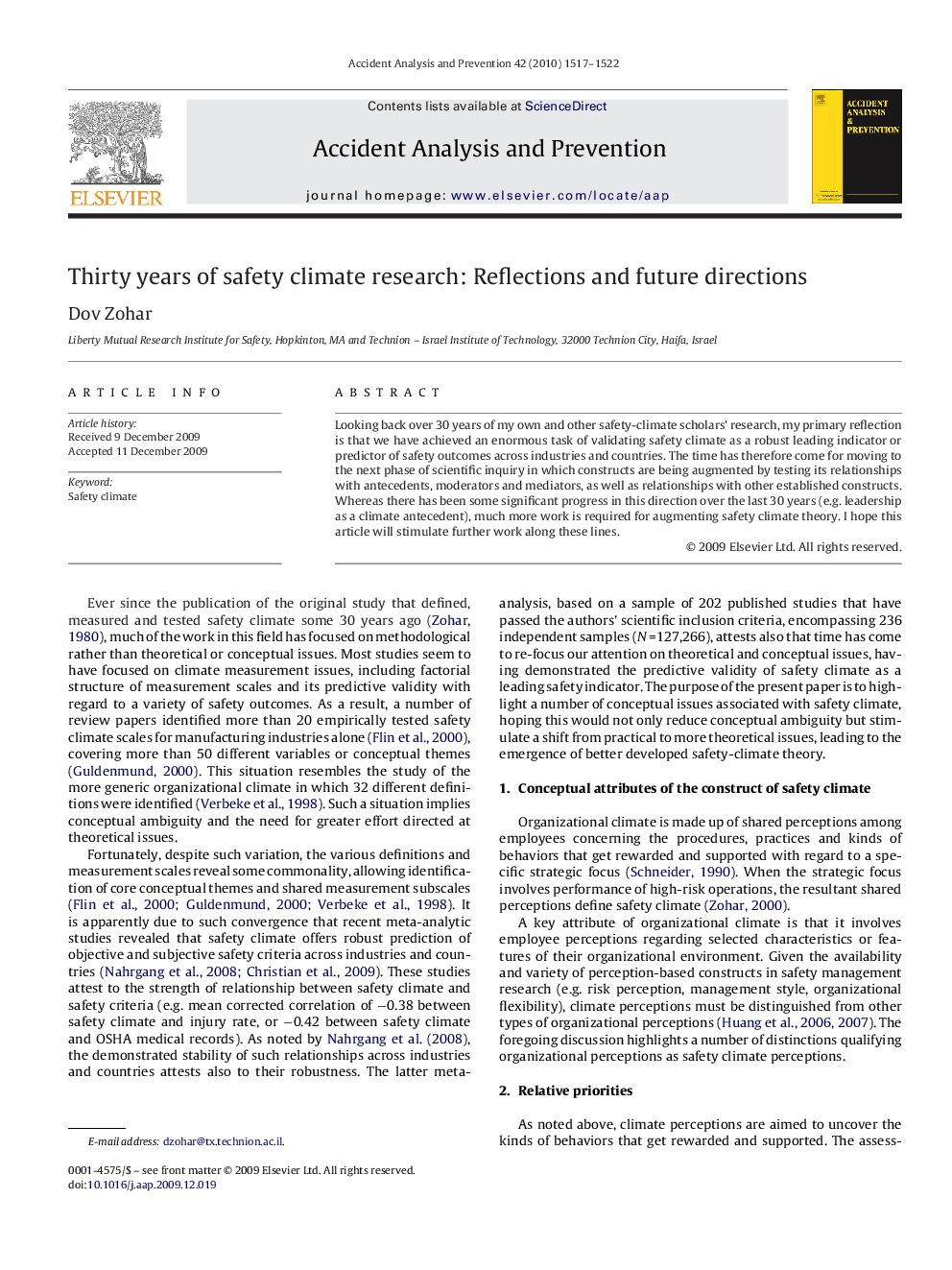 Thirty years of safety climate research: Reflections and future directions