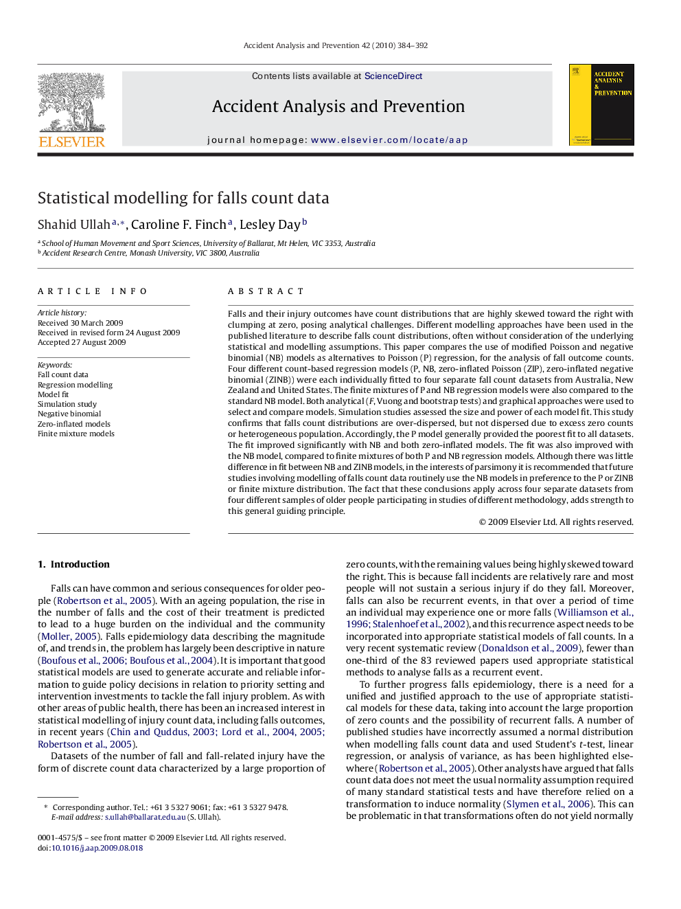 Statistical modelling for falls count data