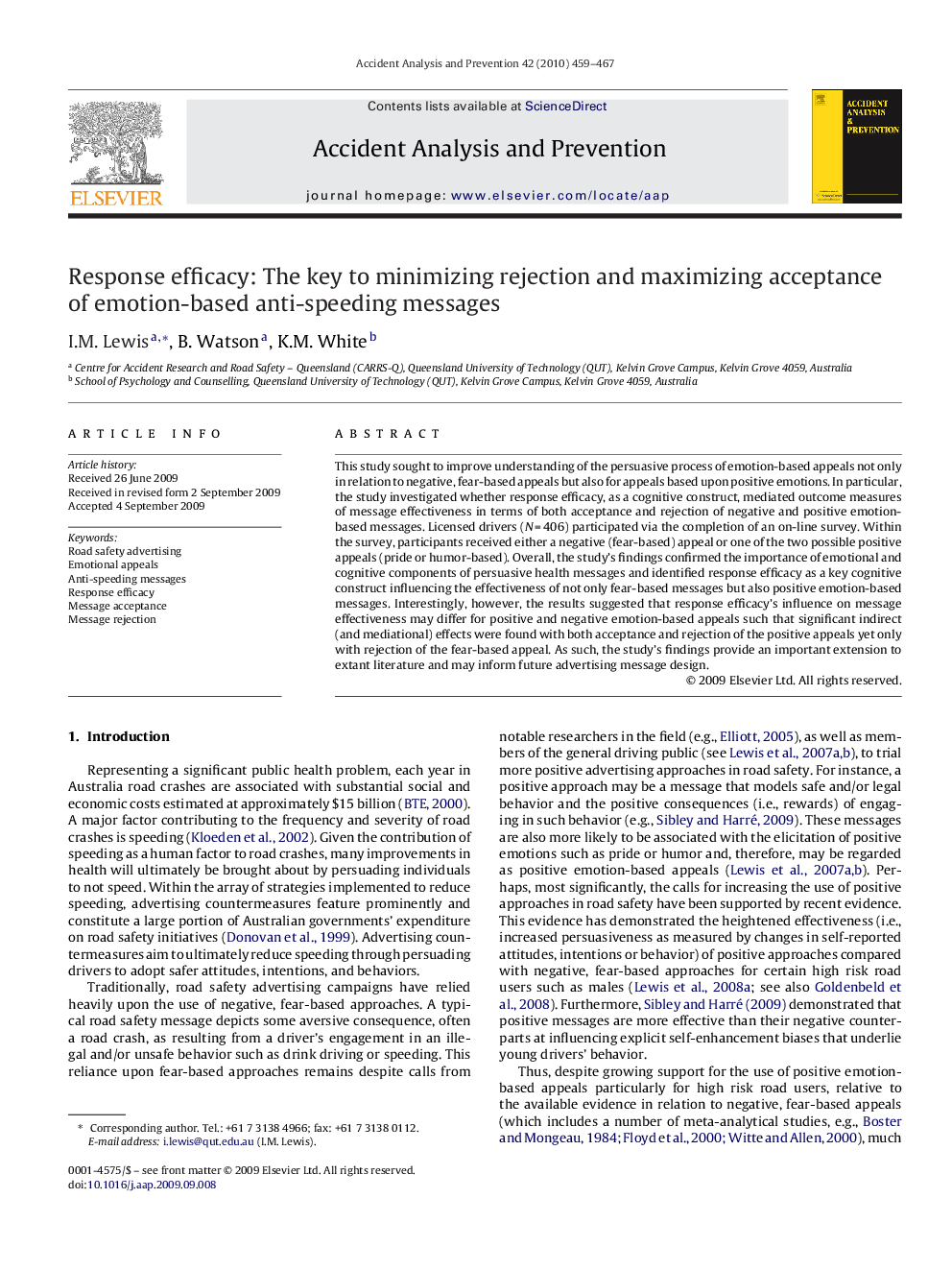 Response efficacy: The key to minimizing rejection and maximizing acceptance of emotion-based anti-speeding messages