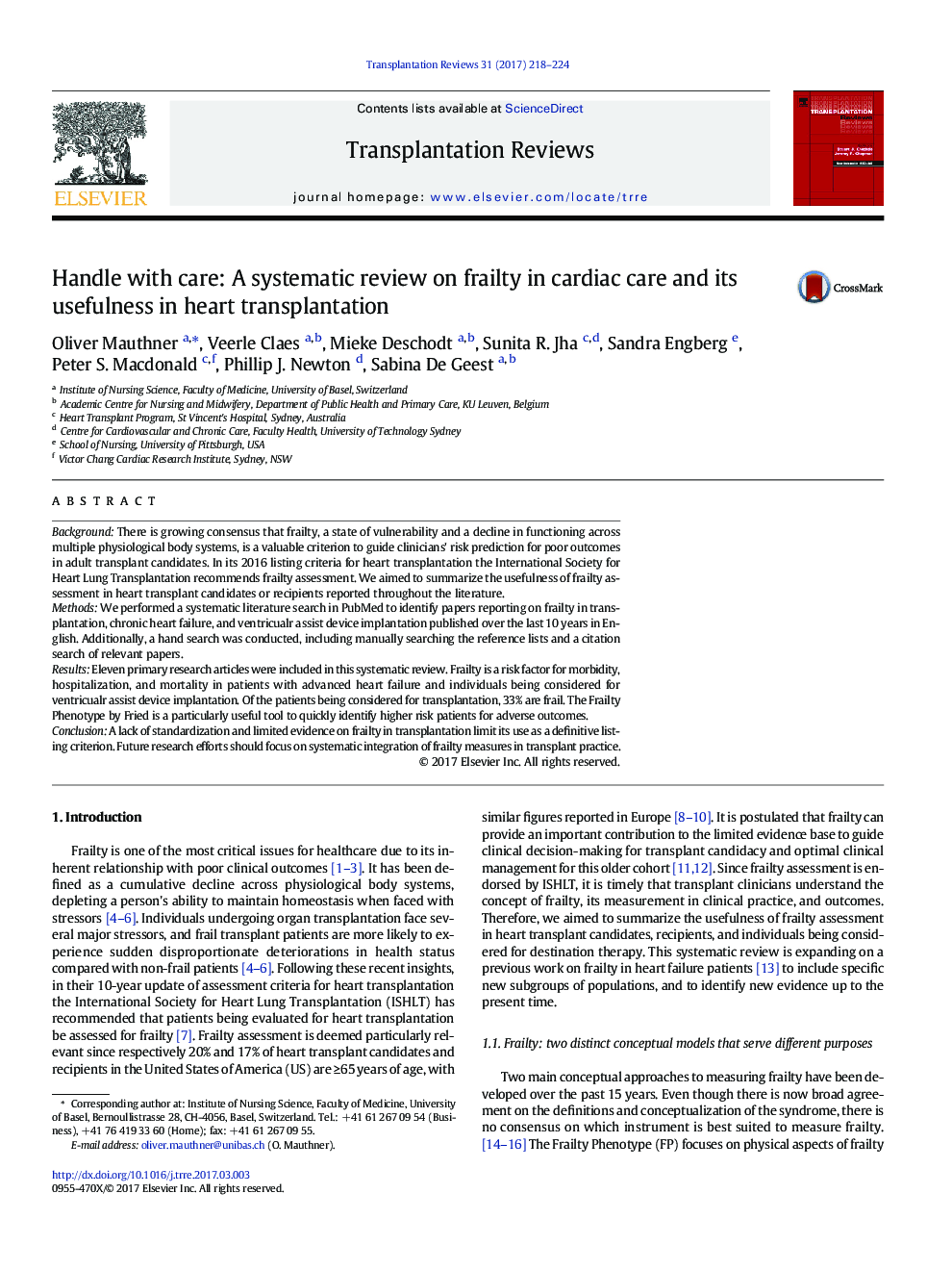 Handle with care: A systematic review on frailty in cardiac care and its usefulness in heart transplantation