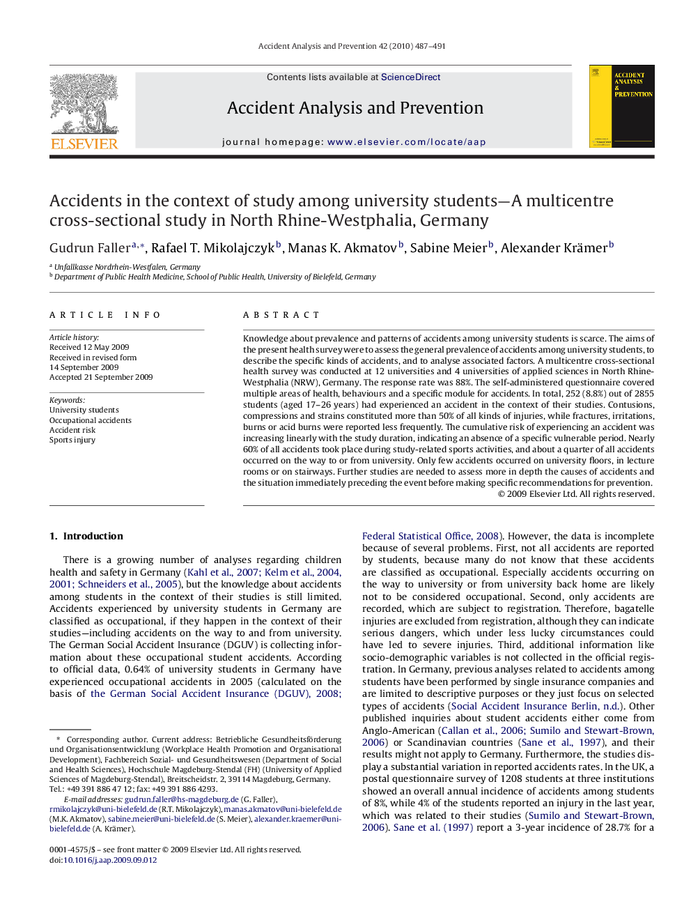 Accidents in the context of study among university students—A multicentre cross-sectional study in North Rhine-Westphalia, Germany