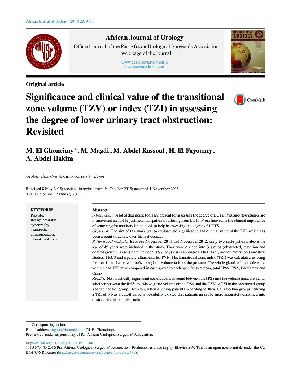 Original articleSignificance and clinical value of the transitional zone volume (TZV) or index (TZI) in assessing the degree of lower urinary tract obstruction: Revisited