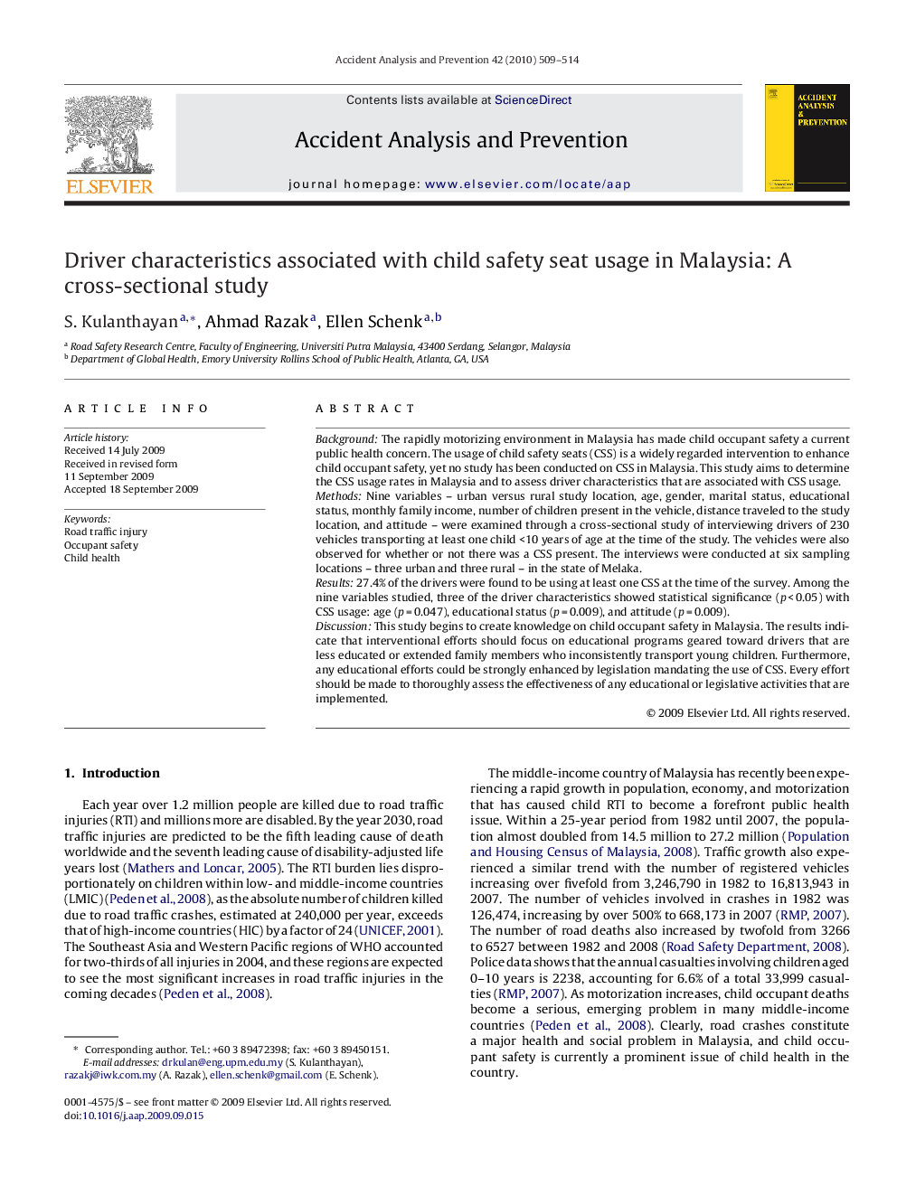 Driver characteristics associated with child safety seat usage in Malaysia: A cross-sectional study