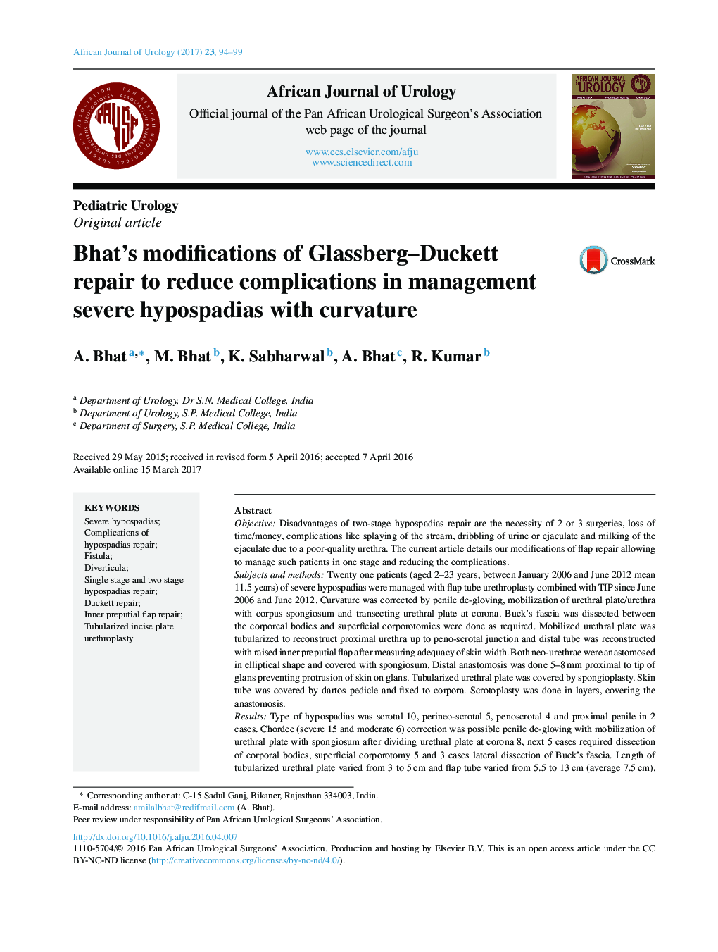 عکس صفحه اول مقاله: Pediatric UrologyOriginal articleBhat's modifications of Glassberg-Duckett repair to reduce complications in management severe hypospadias with curvature Pediatric UrologyOriginal articleBhat's modifications of Glassberg-Duckett repair to reduce complications in management severe hypospadias with curvature