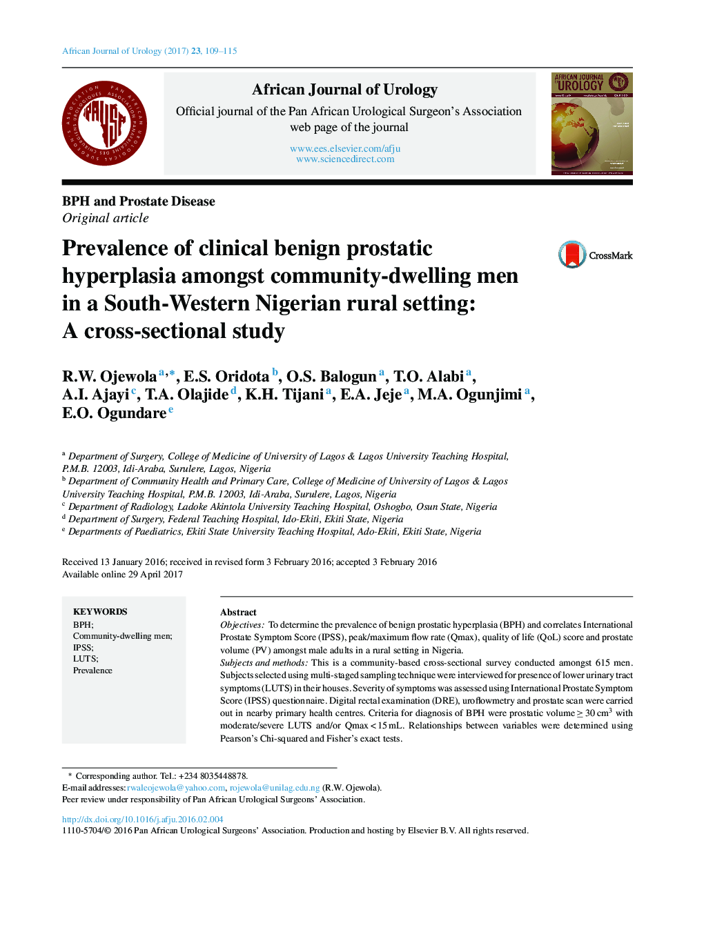 BPH and Prostate DiseaseOriginal articlePrevalence of clinical benign prostatic hyperplasia amongst community-dwelling men in a South-Western Nigerian rural setting: A cross-sectional study