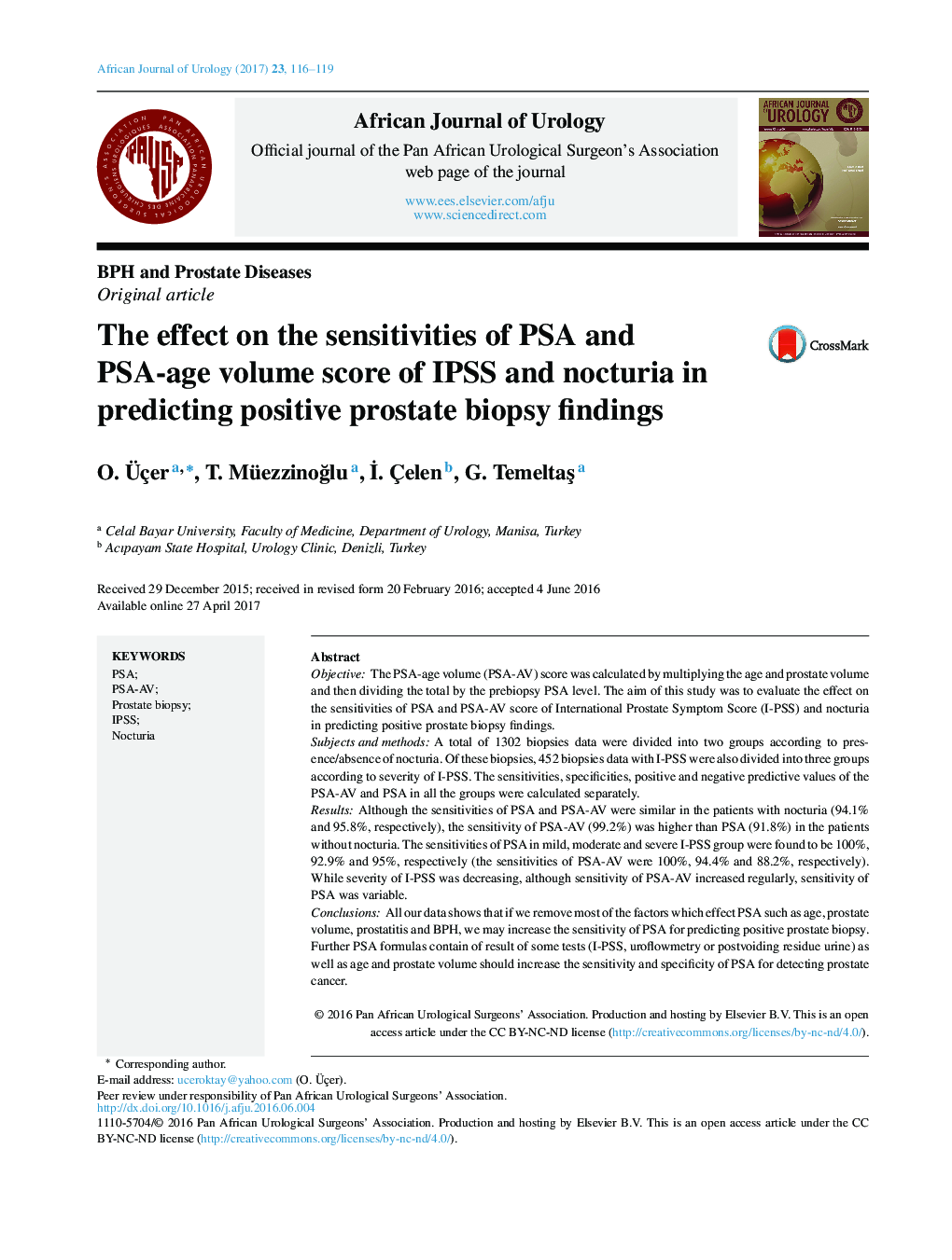 BPH and Prostate DiseasesOriginal articleThe effect on the sensitivities of PSA and PSA-age volume score of IPSS and nocturia in predicting positive prostate biopsy findings