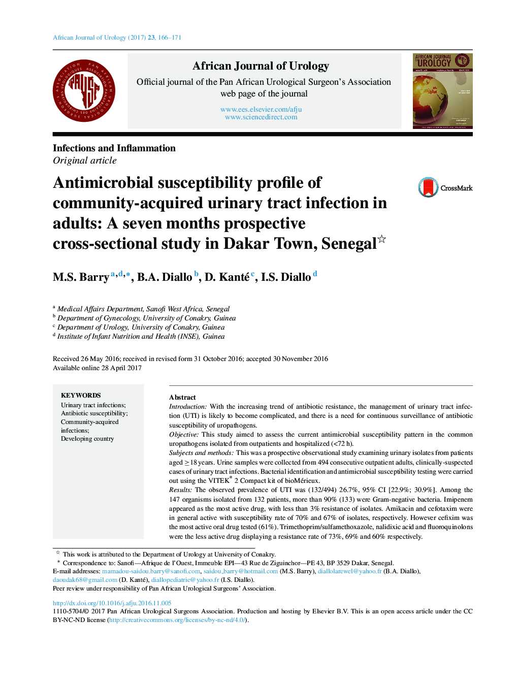 Infections and InflammationOriginal articleAntimicrobial susceptibility profile of community-acquired urinary tract infection in adults: A seven months prospective cross-sectional study in Dakar Town, Senegal