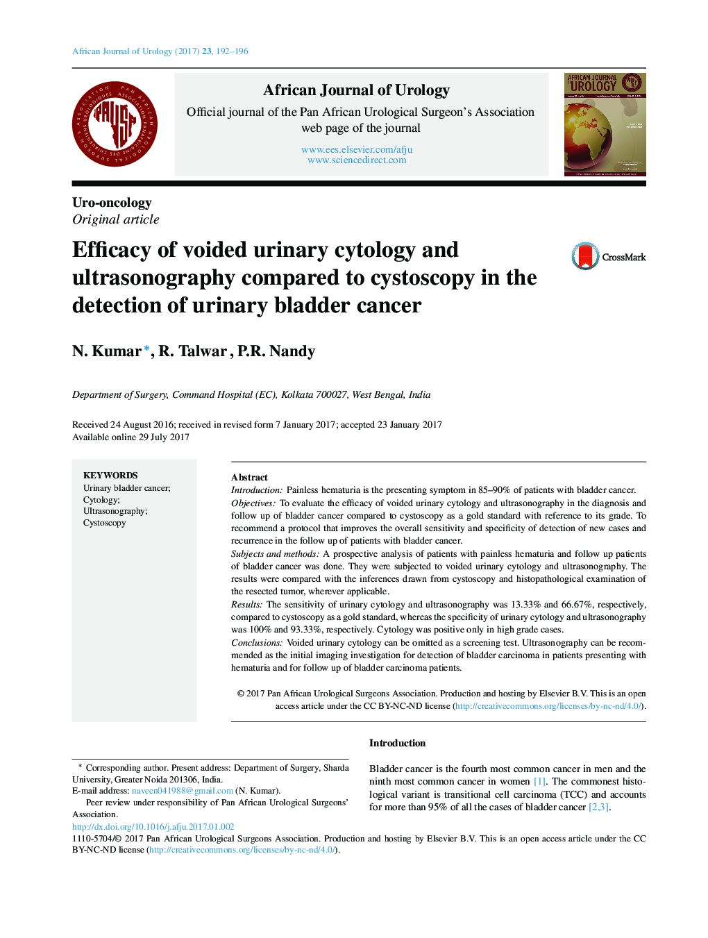 Uro-oncologyOriginal articleEfficacy of voided urinary cytology and ultrasonography compared to cystoscopy in the detection of urinary bladder cancer