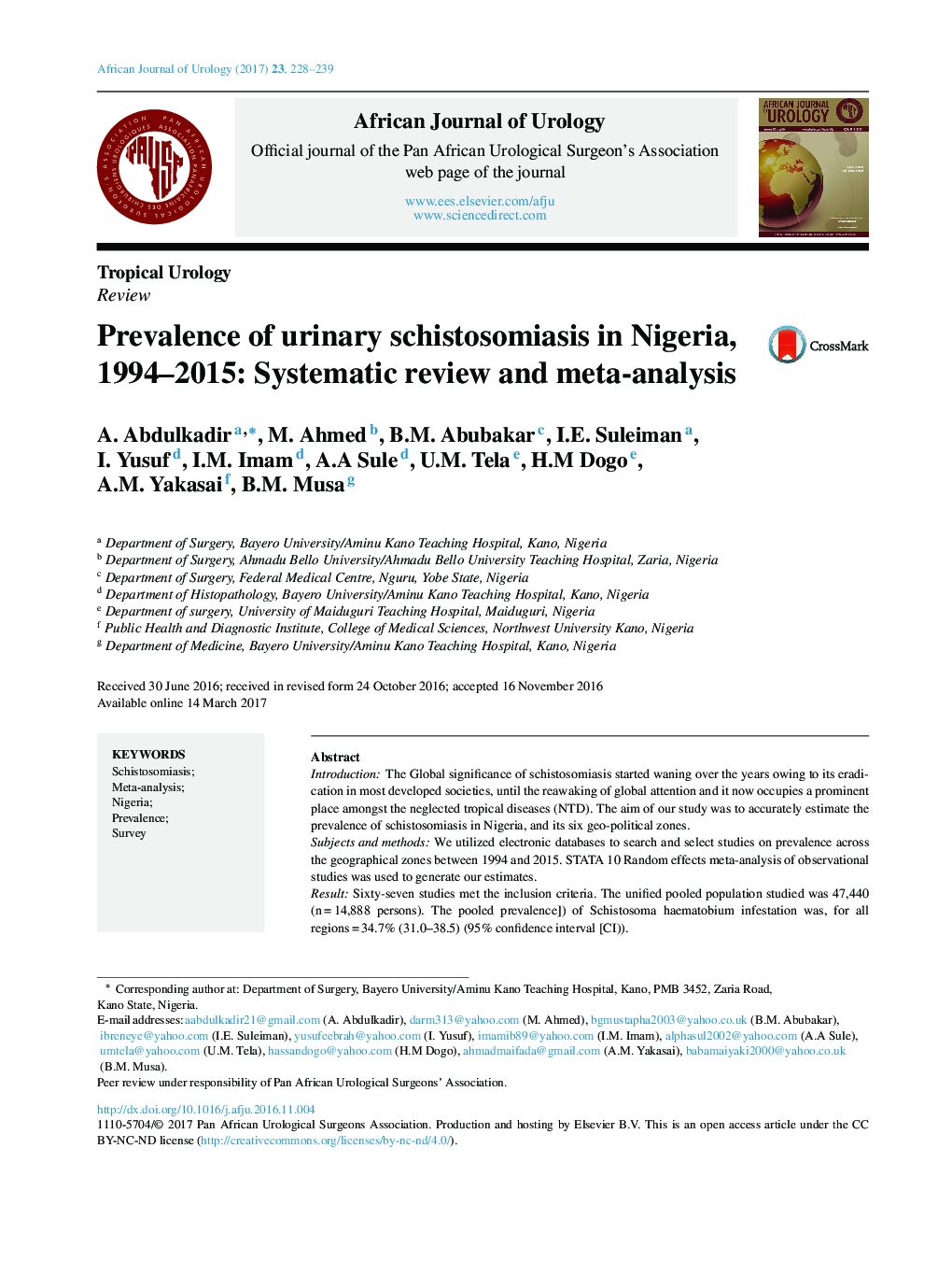 بررسی اورولوژیست های گرمسیری شیوع شیستوزومیایای ادرار در نیجریه، 1994-2015: بررسی سیستماتیک و متا آنالیز 