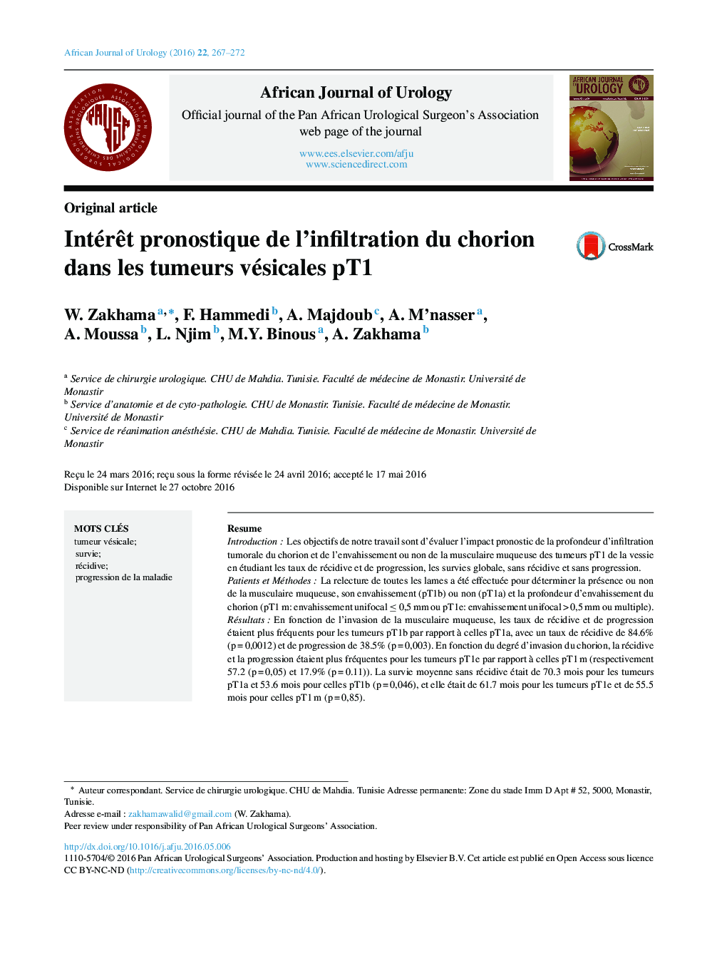 Original articleIntérÃªt pronostique de l'infiltration du chorion dans les tumeurs vésicales pT1Prognostic interest of tumoral infiltration depth of chorion in the evolution of pT1 bladder tumors