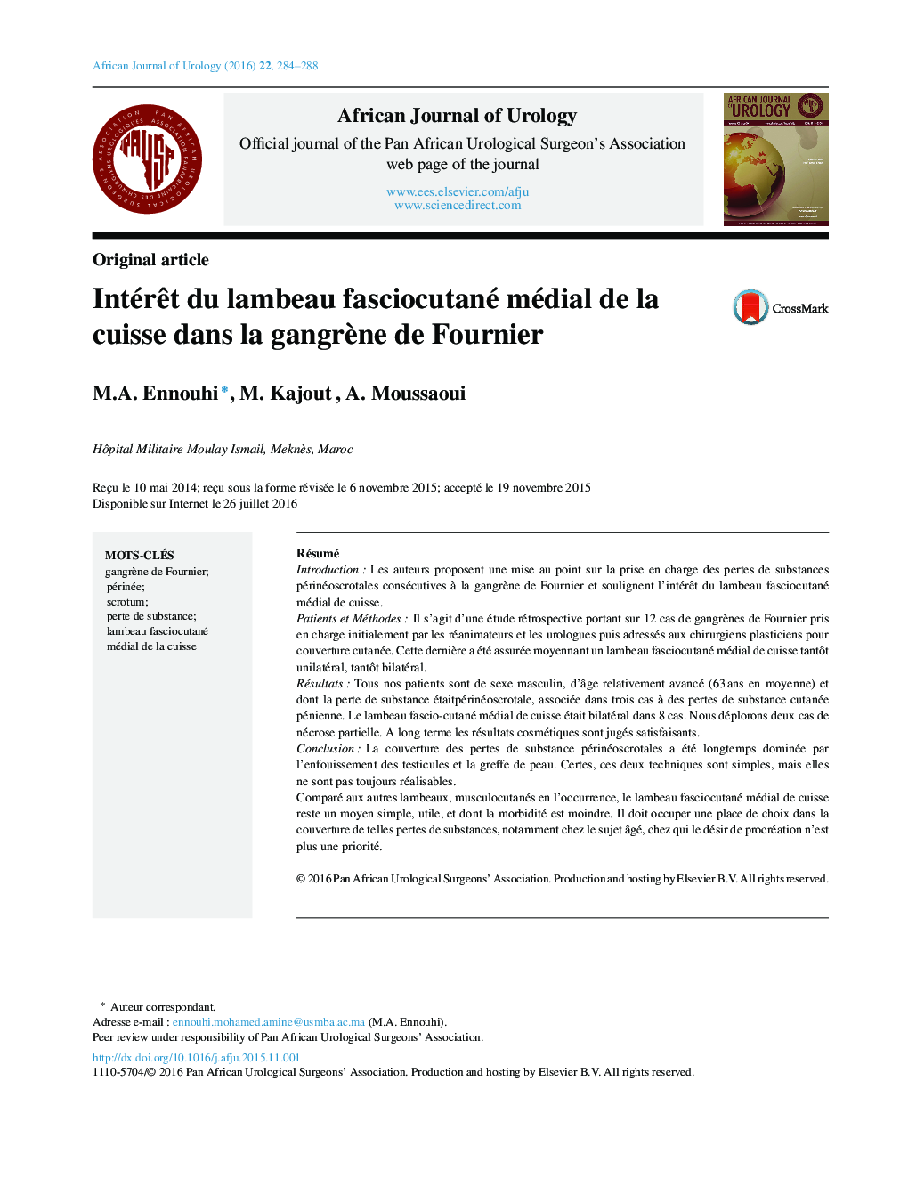 Original articleIntérÃªt du lambeau fasciocutané médial de la cuisse dans la gangrÃ¨ne de FournierCoverage of Fournier's gangrene: Value of medial thigh fasciocutaneous flap