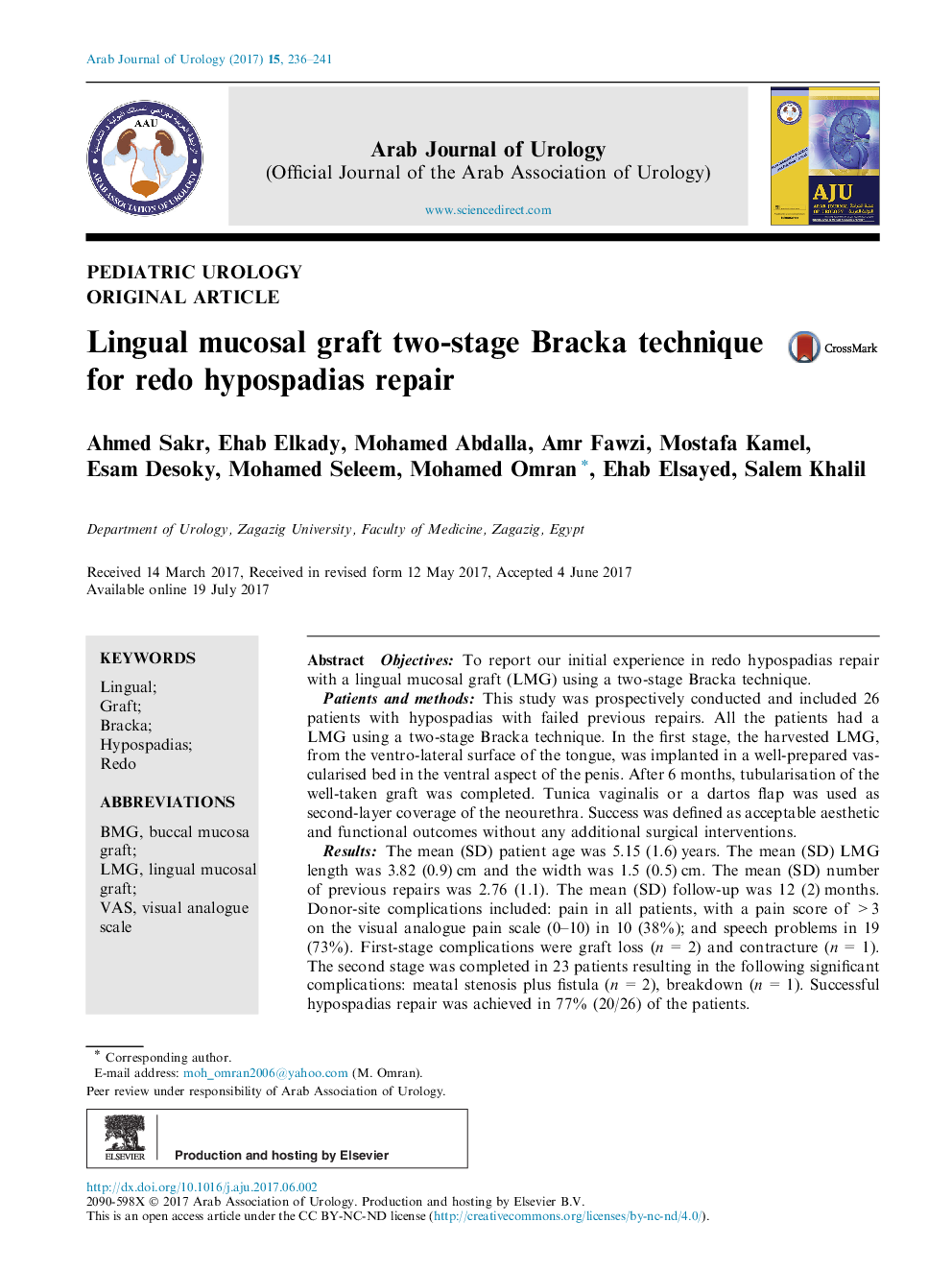 Original articleLingual mucosal graft two-stage Bracka technique for redo hypospadias repair