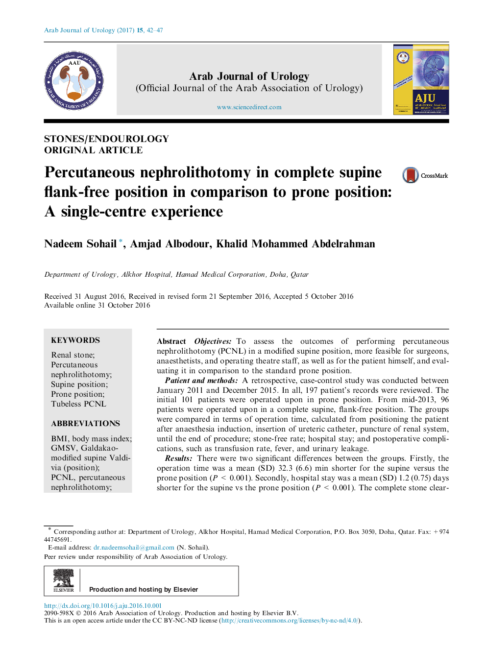 Original articlePercutaneous nephrolithotomy in complete supine flank-free position in comparison to prone position: A single-centre experience