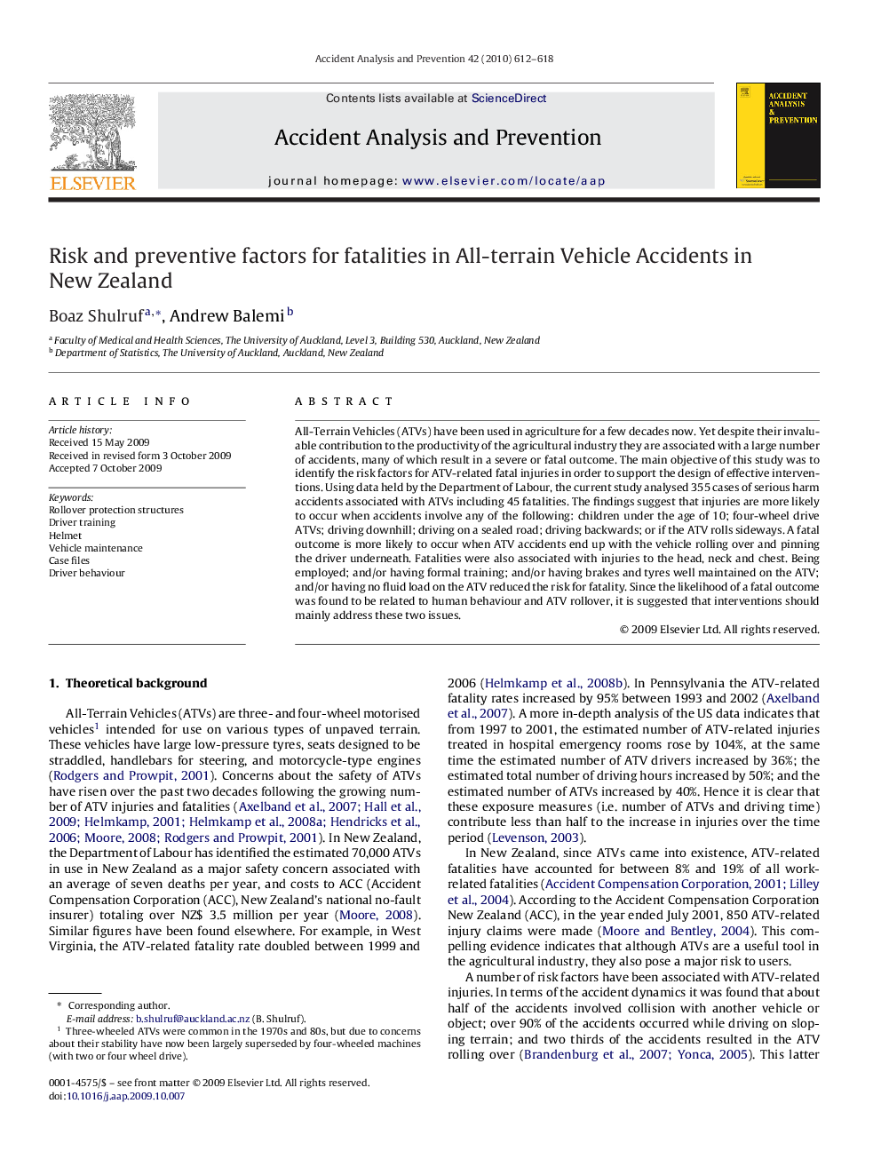 Risk and preventive factors for fatalities in All-terrain Vehicle Accidents in New Zealand