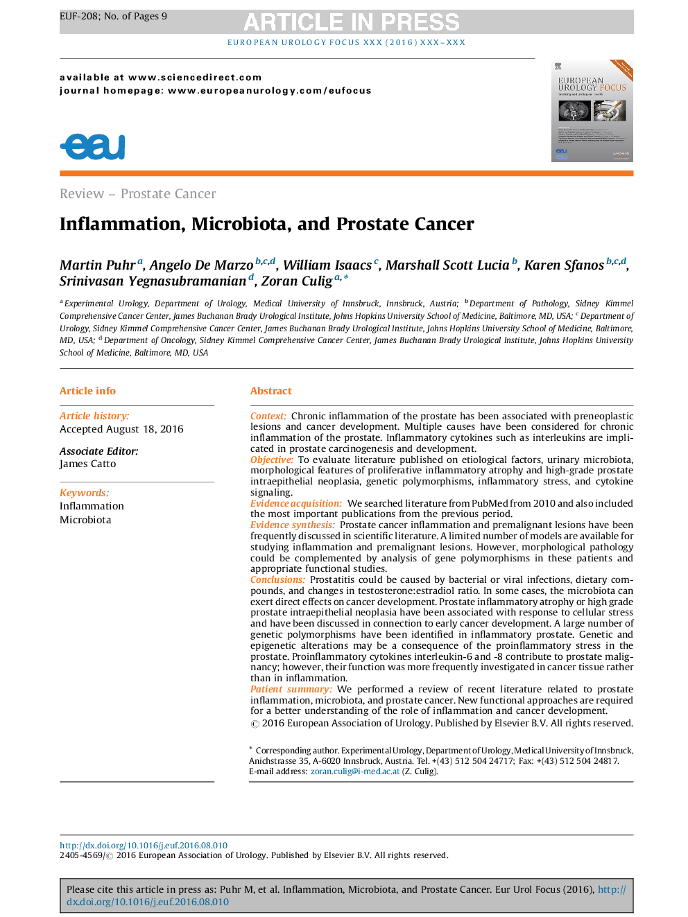 Inflammation, Microbiota, and Prostate Cancer