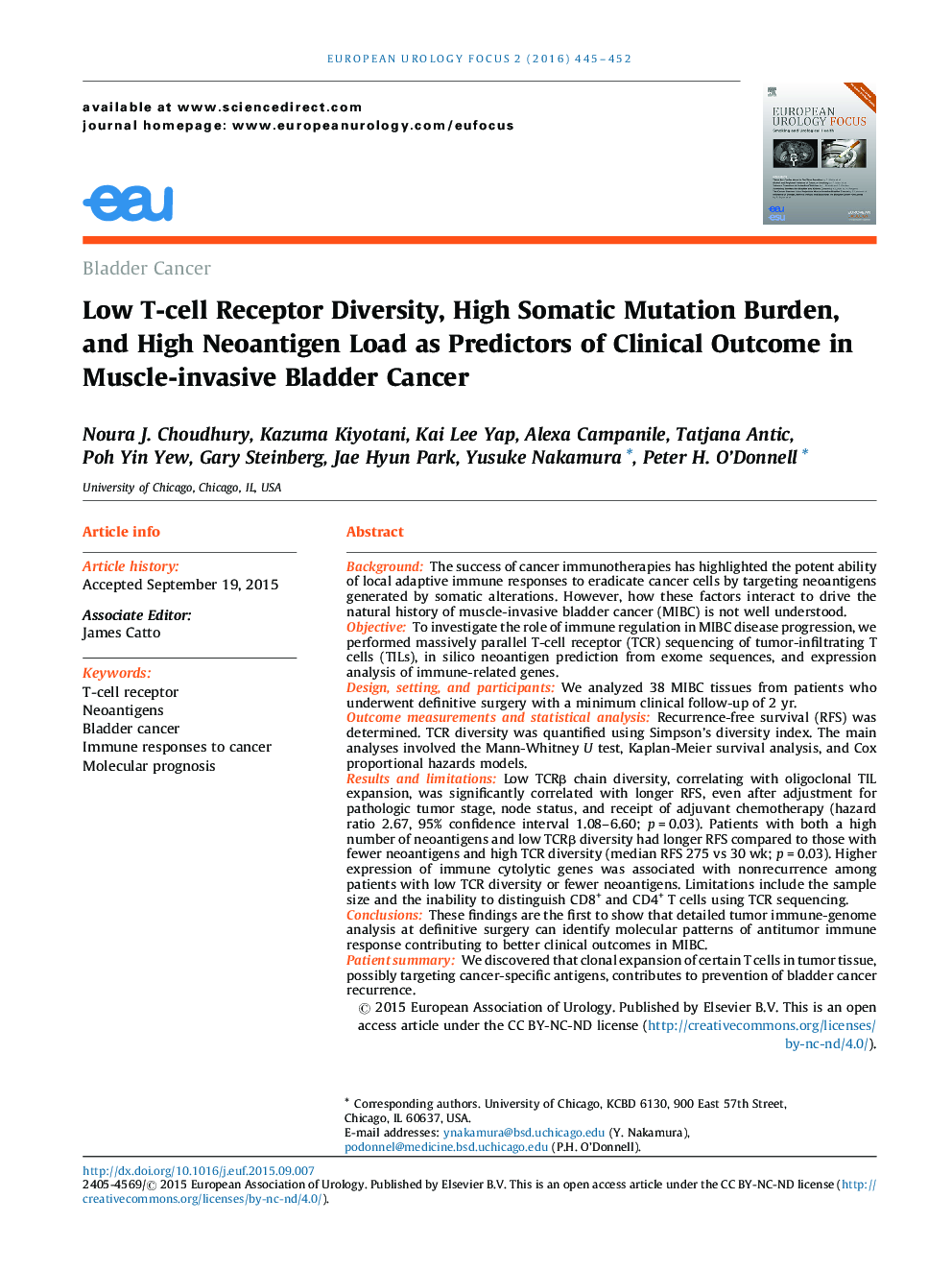 Bladder CancerLow T-cell Receptor Diversity, High Somatic Mutation Burden, and High Neoantigen Load as Predictors of Clinical Outcome in Muscle-invasive Bladder Cancer