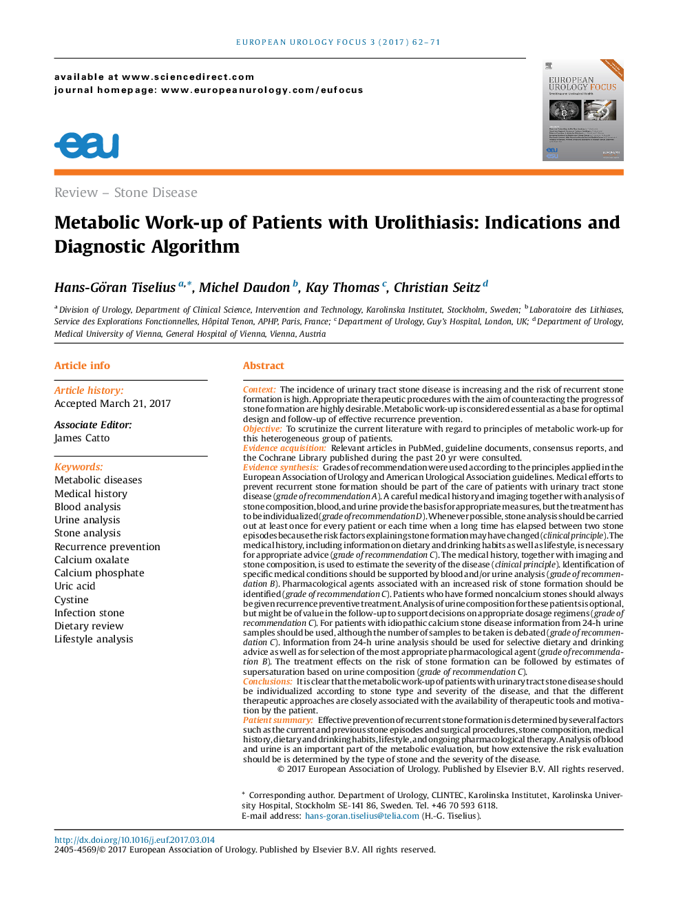 Metabolic Work-up of Patients with Urolithiasis: Indications and Diagnostic Algorithm