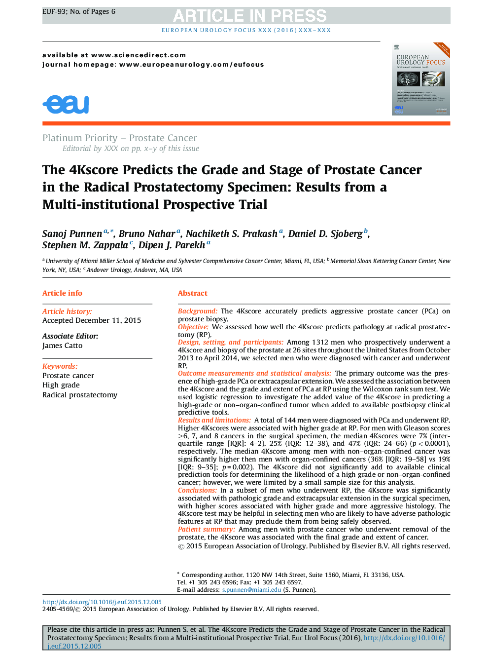 The 4Kscore Predicts the Grade and Stage of Prostate Cancer in the Radical Prostatectomy Specimen: Results from a Multi-institutional Prospective Trial