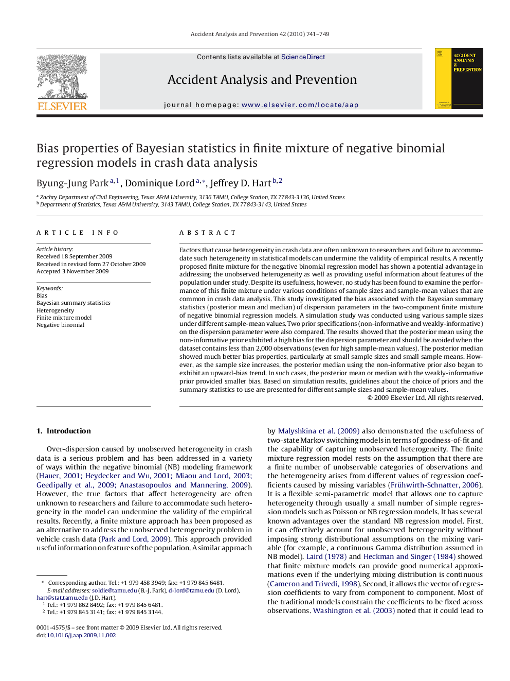 Bias properties of Bayesian statistics in finite mixture of negative binomial regression models in crash data analysis