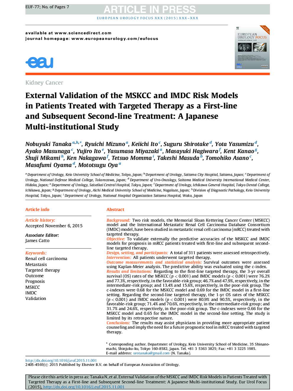 External Validation of the MSKCC and IMDC Risk Models in Patients Treated with Targeted Therapy as a First-line and Subsequent Second-line Treatment: A Japanese Multi-institutional Study