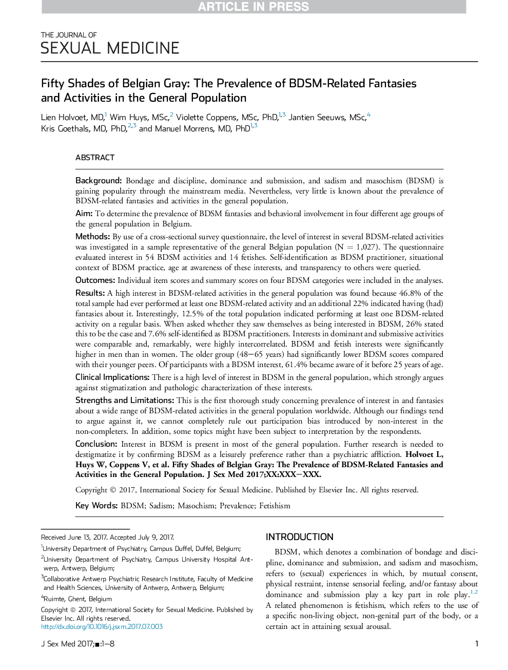 Fifty Shades of Belgian Gray: The Prevalence of BDSM-Related Fantasies and Activities in the General Population