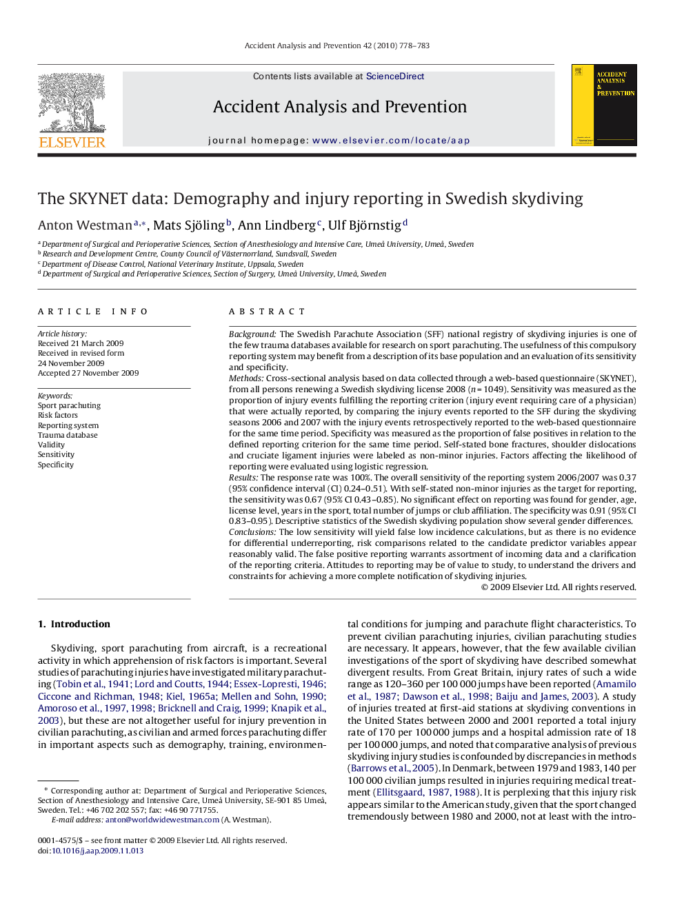 The SKYNET data: Demography and injury reporting in Swedish skydiving