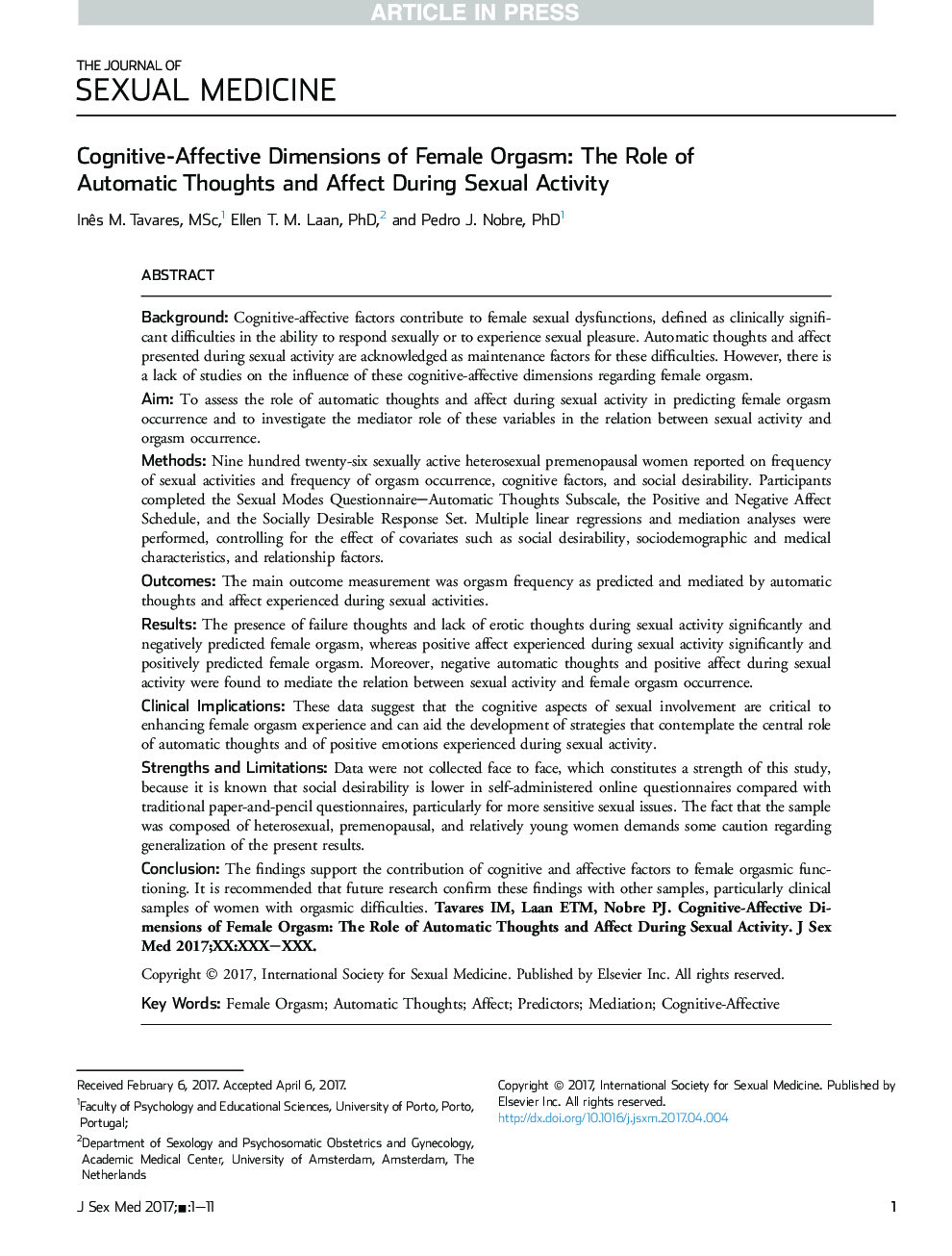 Cognitive-Affective Dimensions of Female Orgasm: The Role of Automatic Thoughts and Affect During Sexual Activity