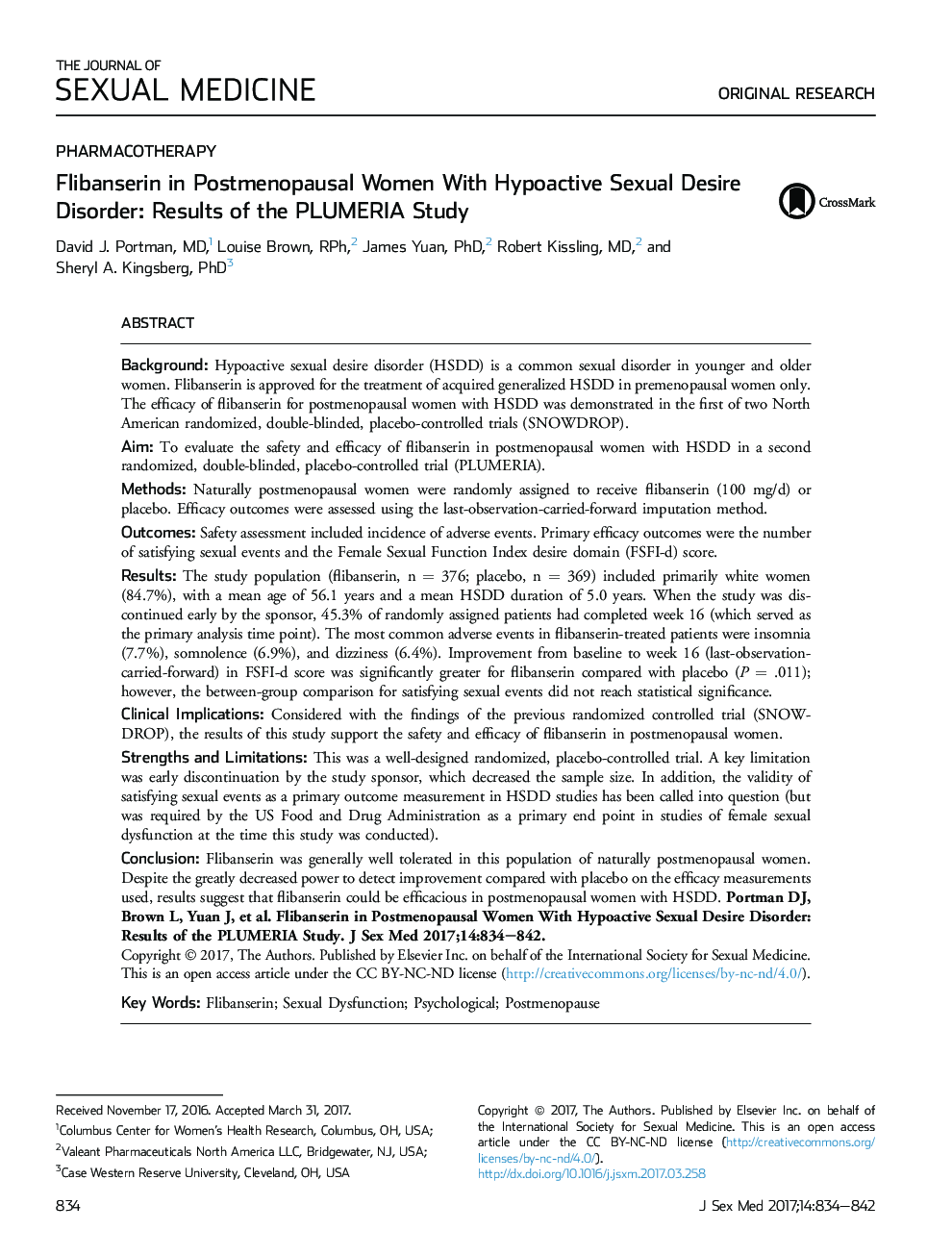 Original ResearchPharmacotherapyFlibanserin in Postmenopausal Women With Hypoactive Sexual Desire Disorder: Results of the PLUMERIA Study