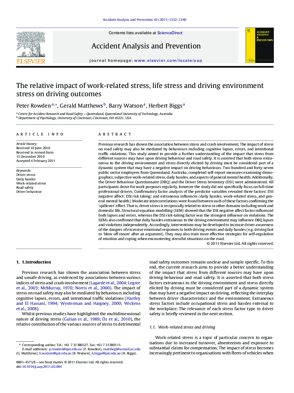 The relative impact of work-related stress, life stress and driving environment stress on driving outcomes