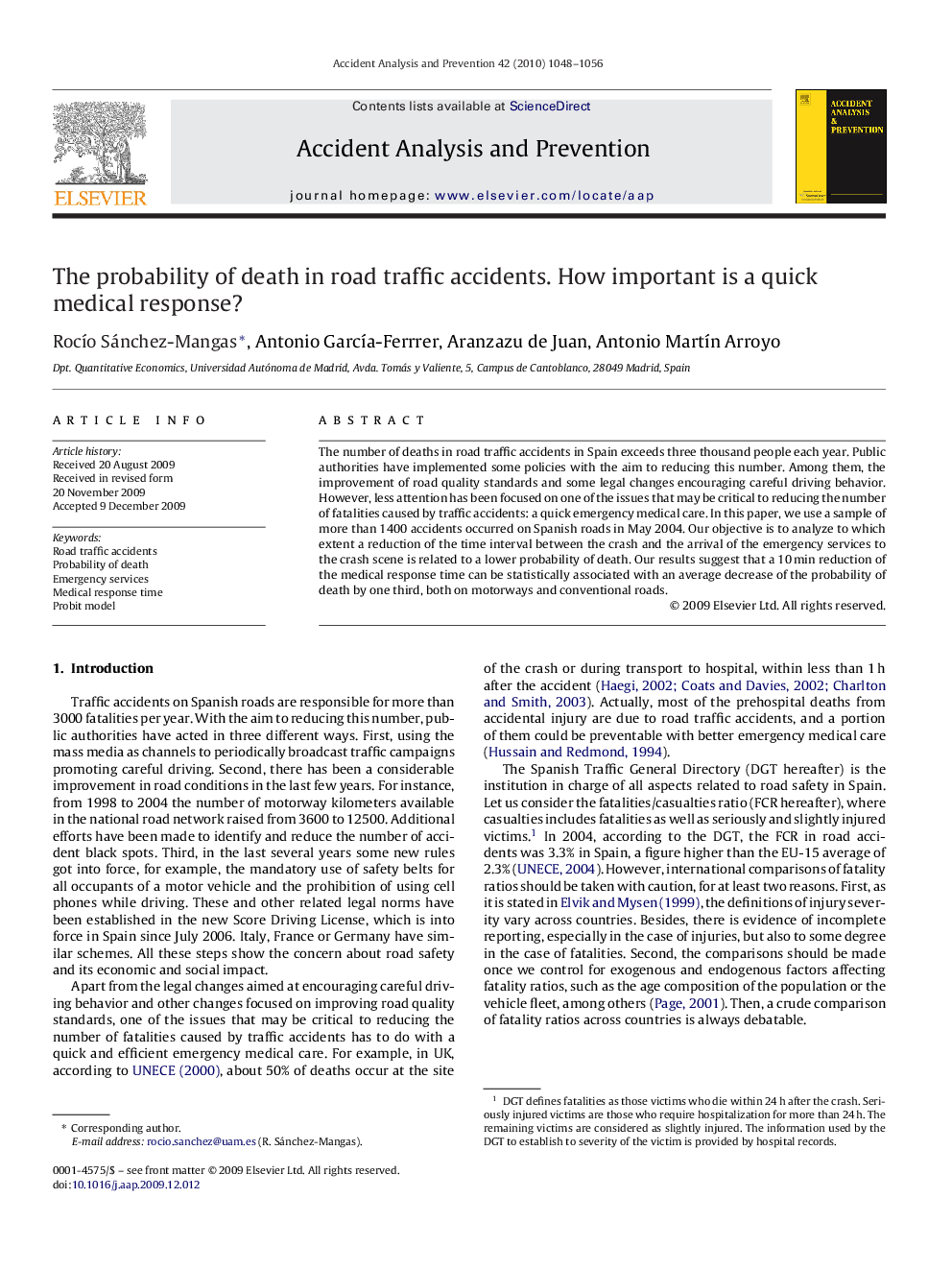 The probability of death in road traffic accidents. How important is a quick medical response?