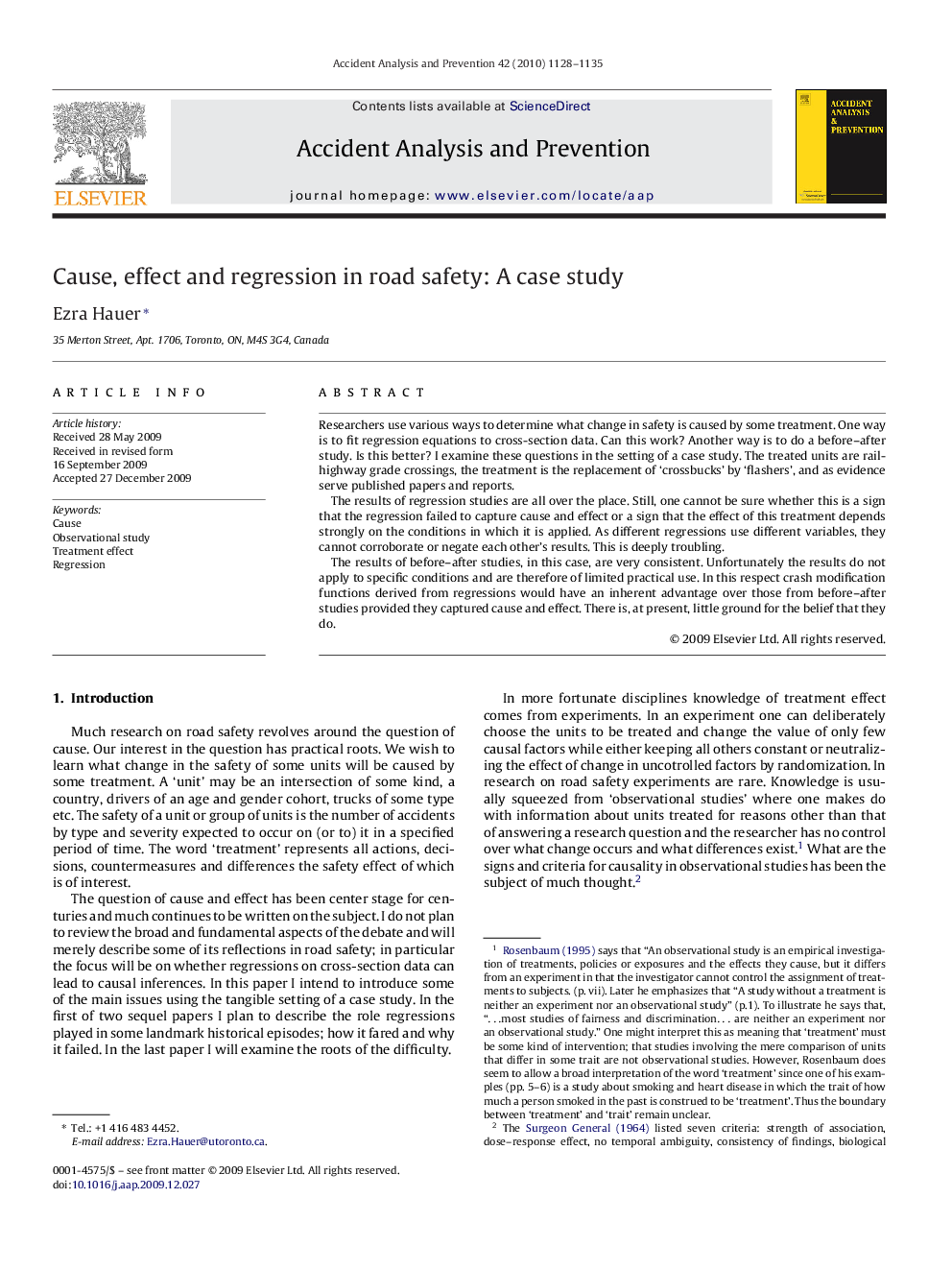 Cause, effect and regression in road safety: A case study