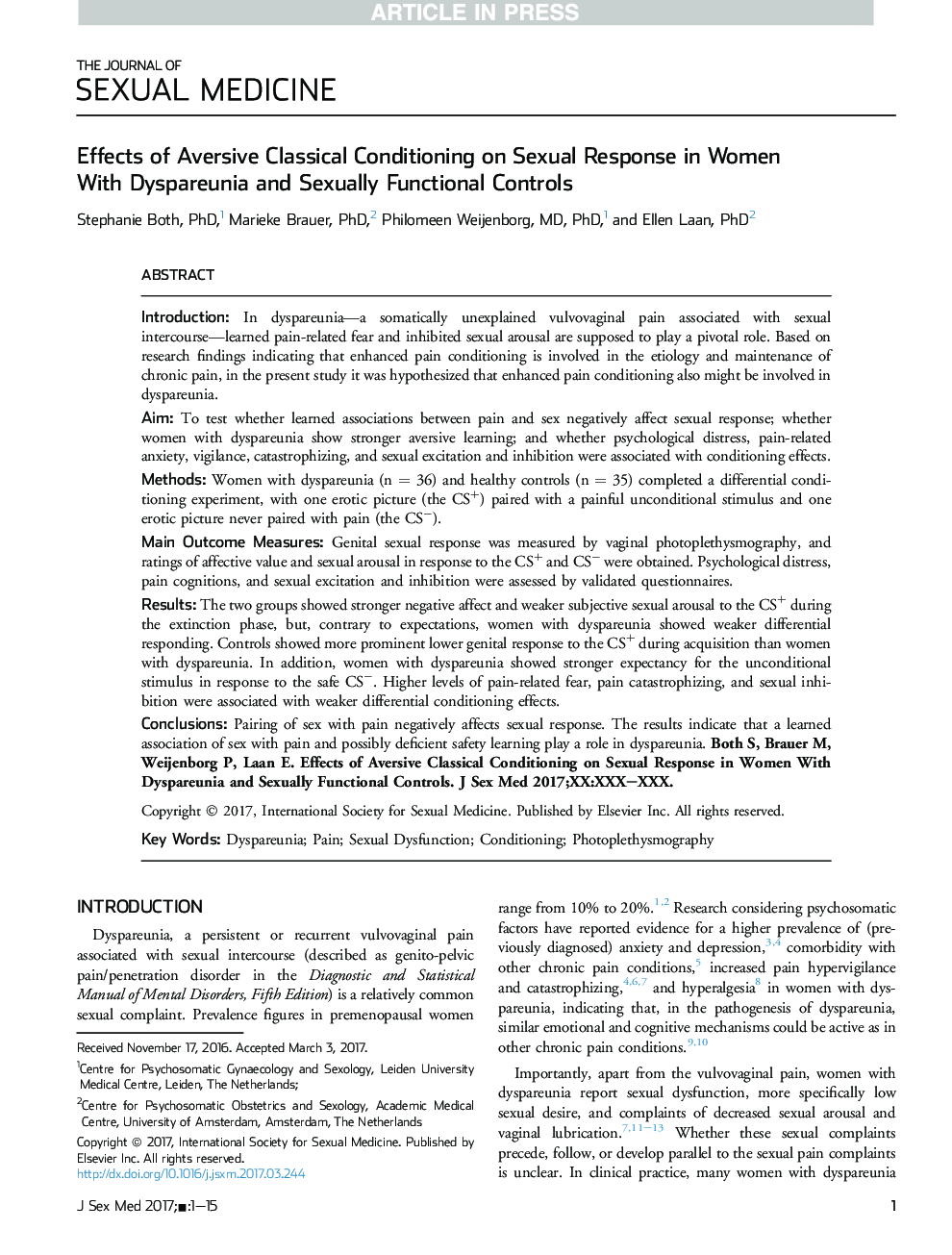 Effects of Aversive Classical Conditioning on Sexual Response in Women With Dyspareunia and Sexually Functional Controls