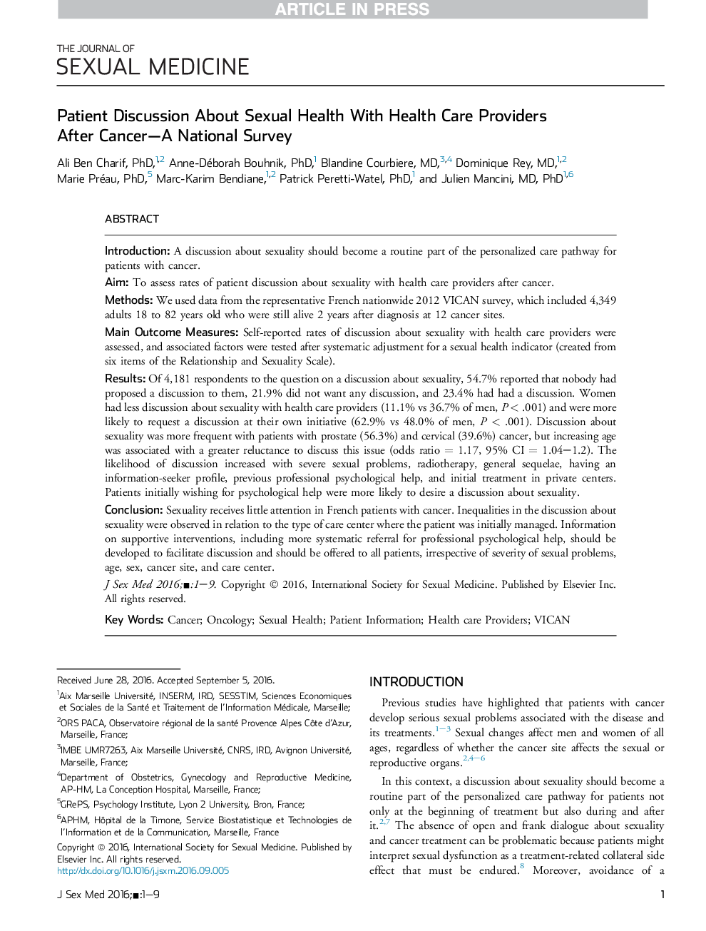 Patient Discussion About Sexual Health With Health Care Providers AfterÂ Cancer-A National Survey