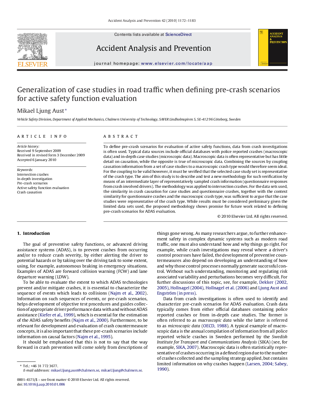 Generalization of case studies in road traffic when defining pre-crash scenarios for active safety function evaluation