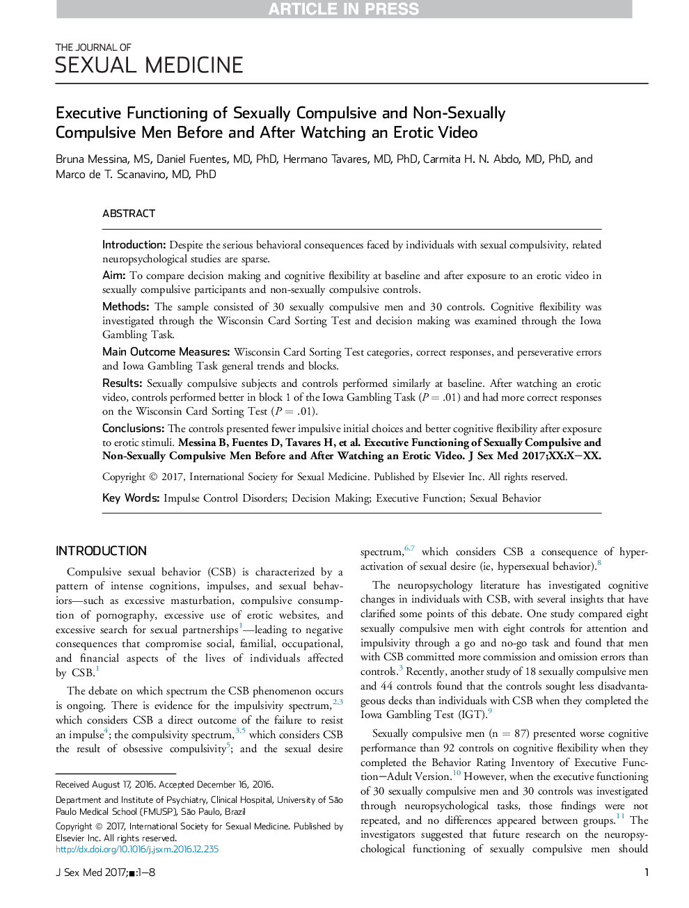 Executive Functioning of Sexually Compulsive and Non-Sexually Compulsive Men Before and After Watching an Erotic Video