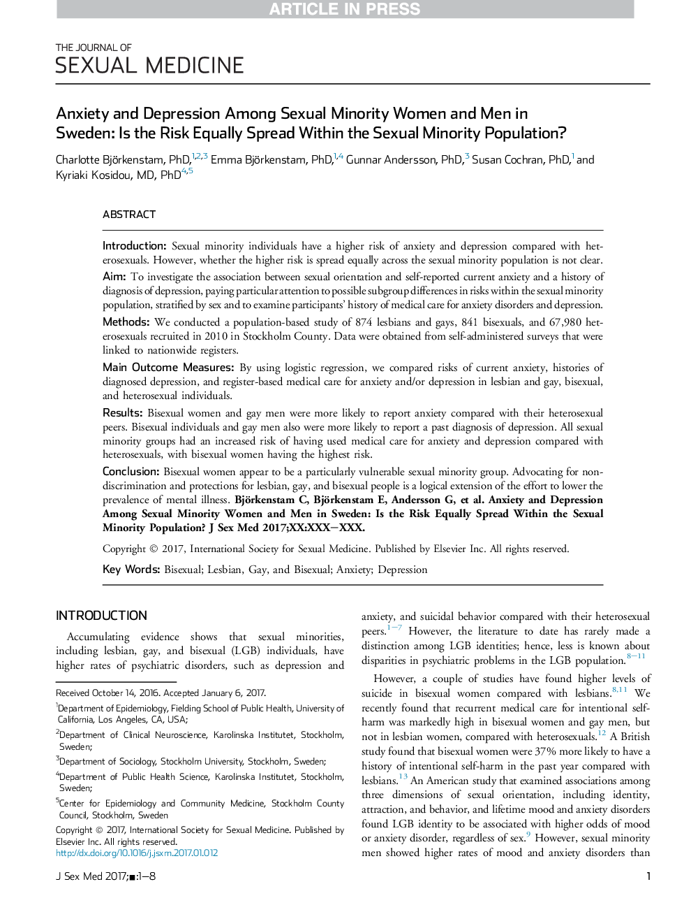 اضطراب و افسردگی در میان اقلیت های جنسی زنان و مردان در سوئد: آیا این خطر در جمعیت اقلیت جنسی نیز به همان اندازه گسترش می یابد؟ 