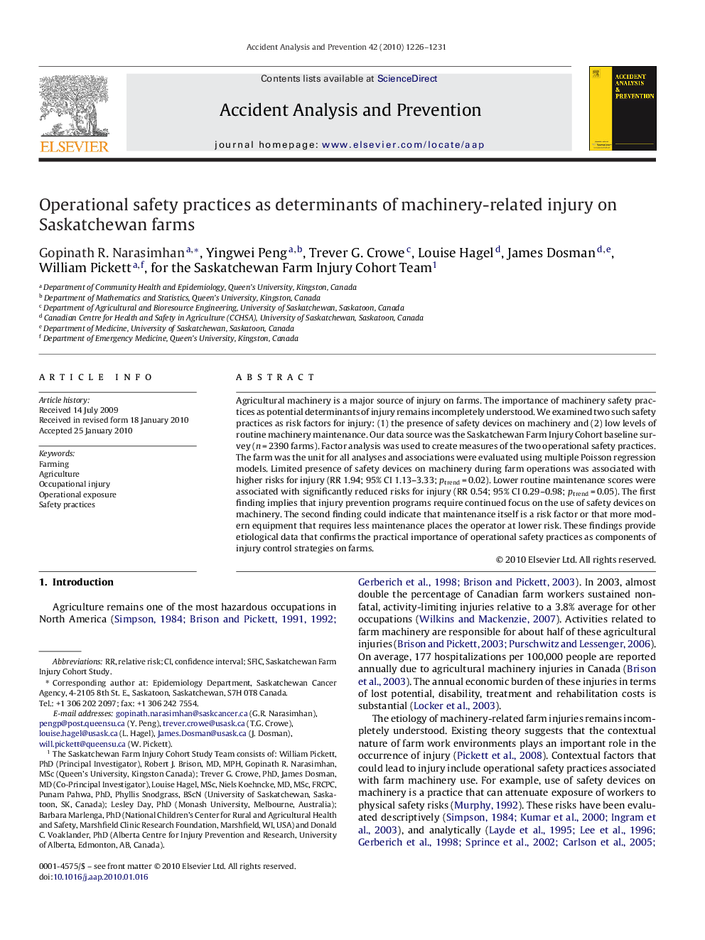 Operational safety practices as determinants of machinery-related injury on Saskatchewan farms