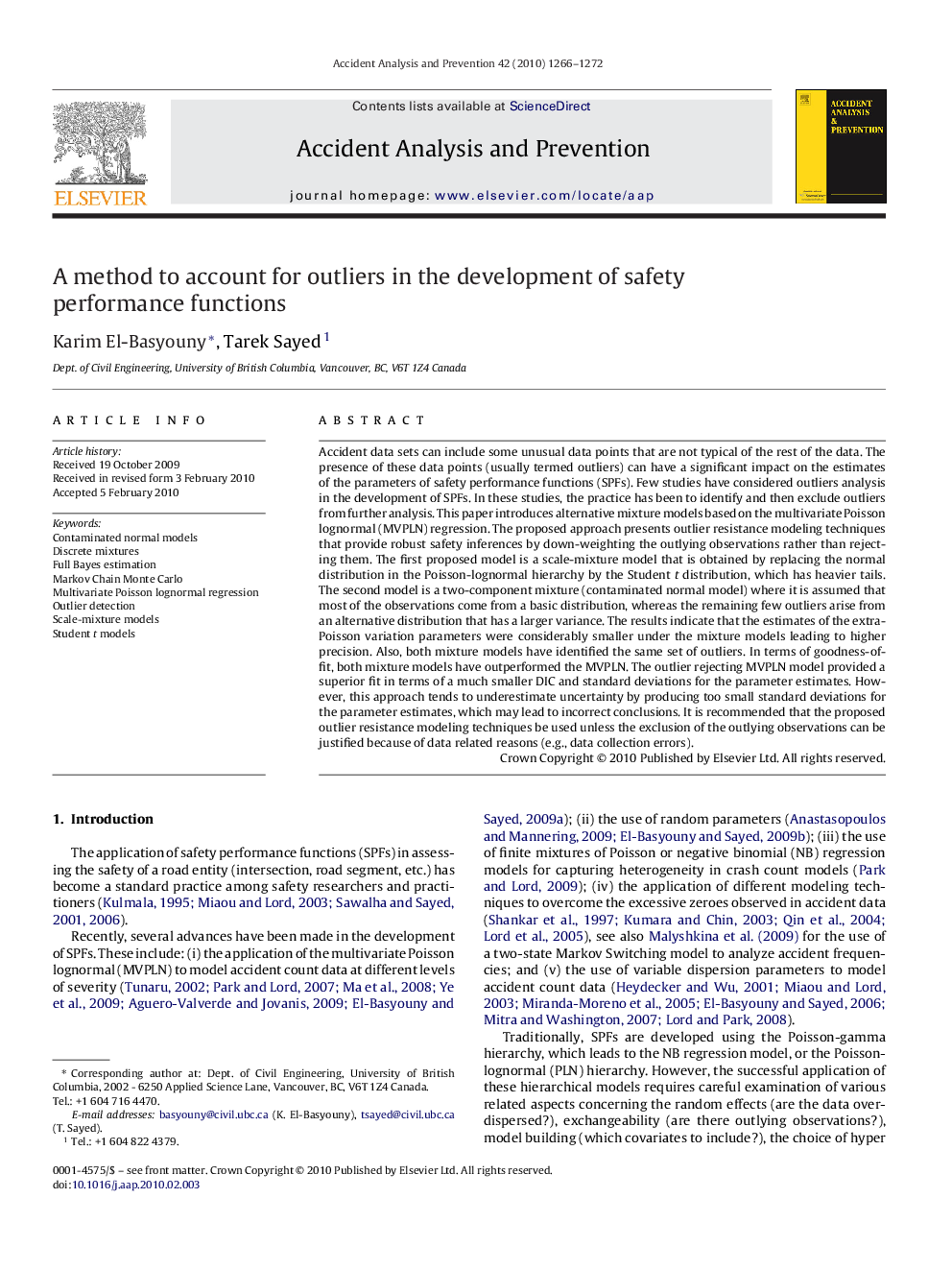 A method to account for outliers in the development of safety performance functions