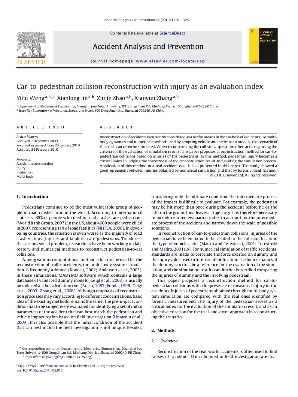 Car-to-pedestrian collision reconstruction with injury as an evaluation index