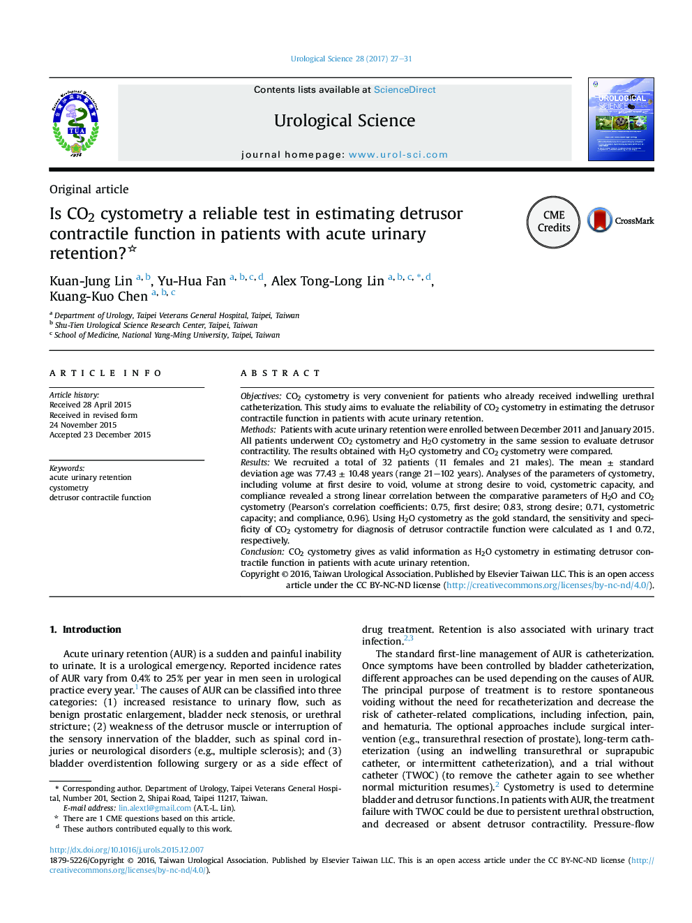 Original articleIs CO2 cystometry a reliable test in estimating detrusor contractile function in patients with acute urinary retention?