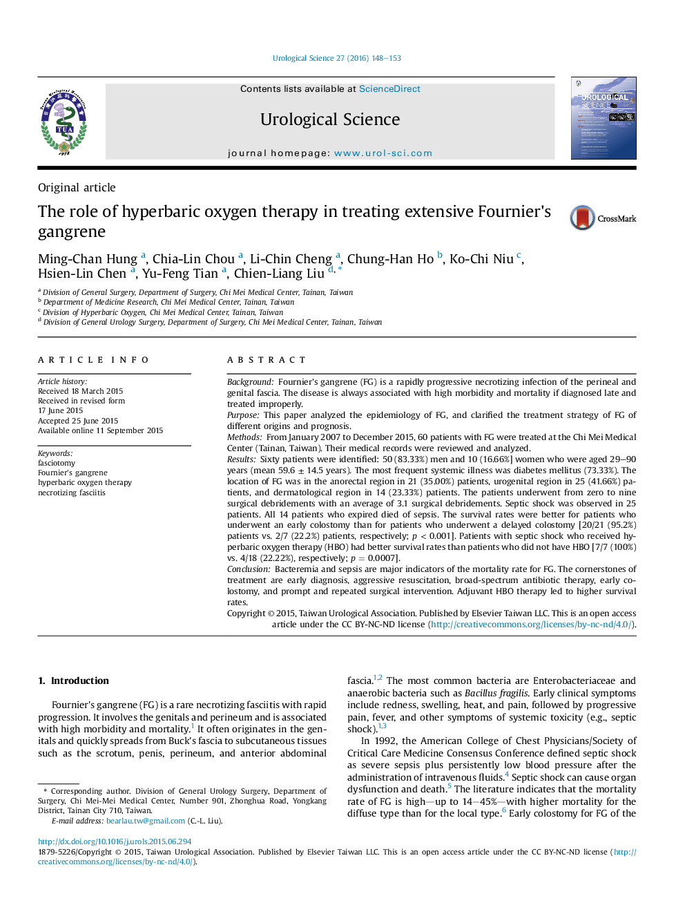 Original articleThe role of hyperbaric oxygen therapy in treating extensive Fournier's gangrene