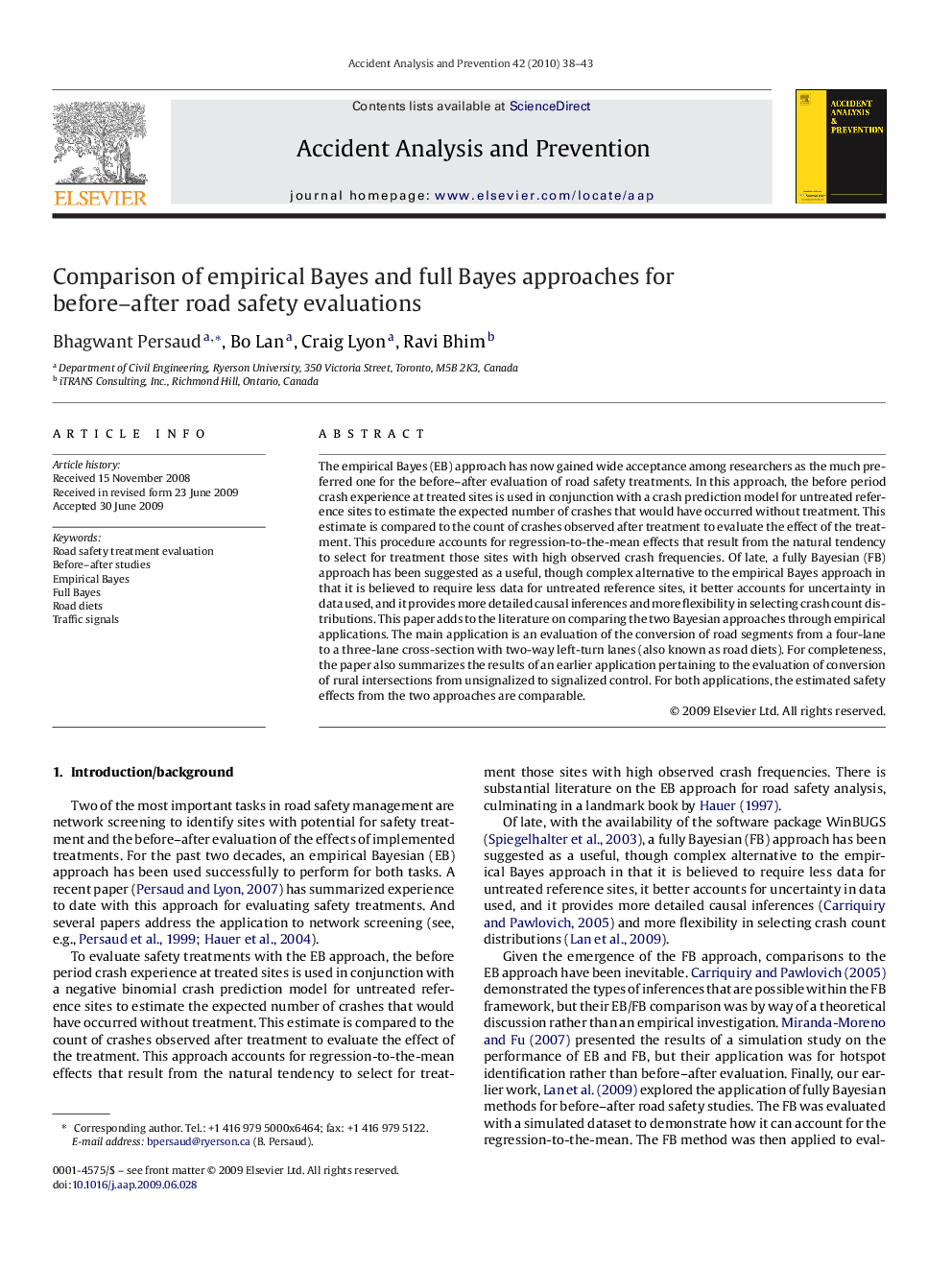 عکس صفحه اول مقاله: Comparison of empirical Bayes and full Bayes approaches for before–after road safety evaluations Comparison of empirical Bayes and full Bayes approaches for before–after road safety evaluations