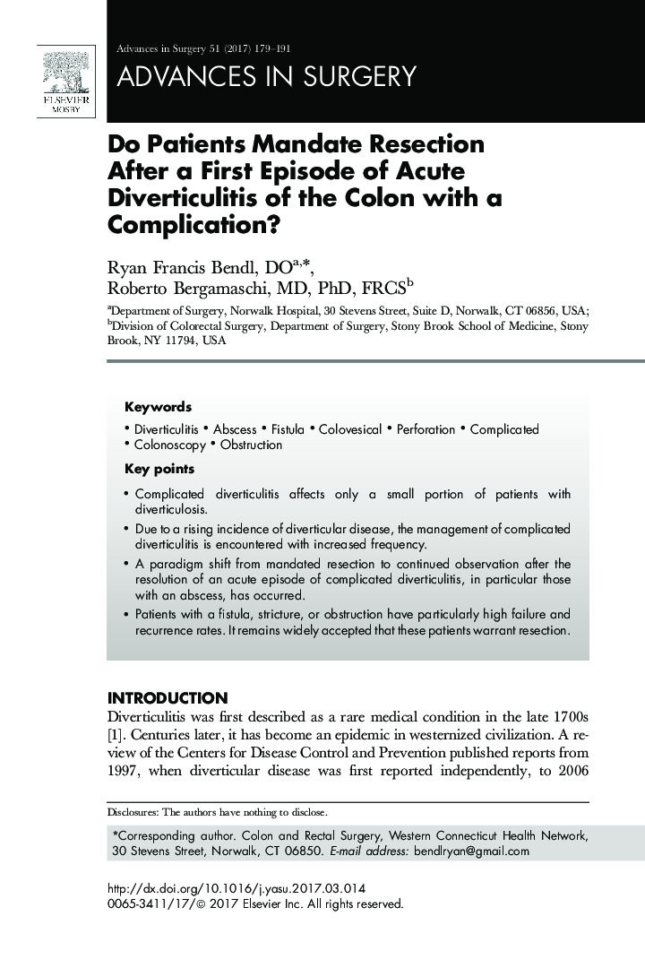 Do Patients Mandate Resection After a First Episode of Acute Diverticulitis of the Colon with a Complication?