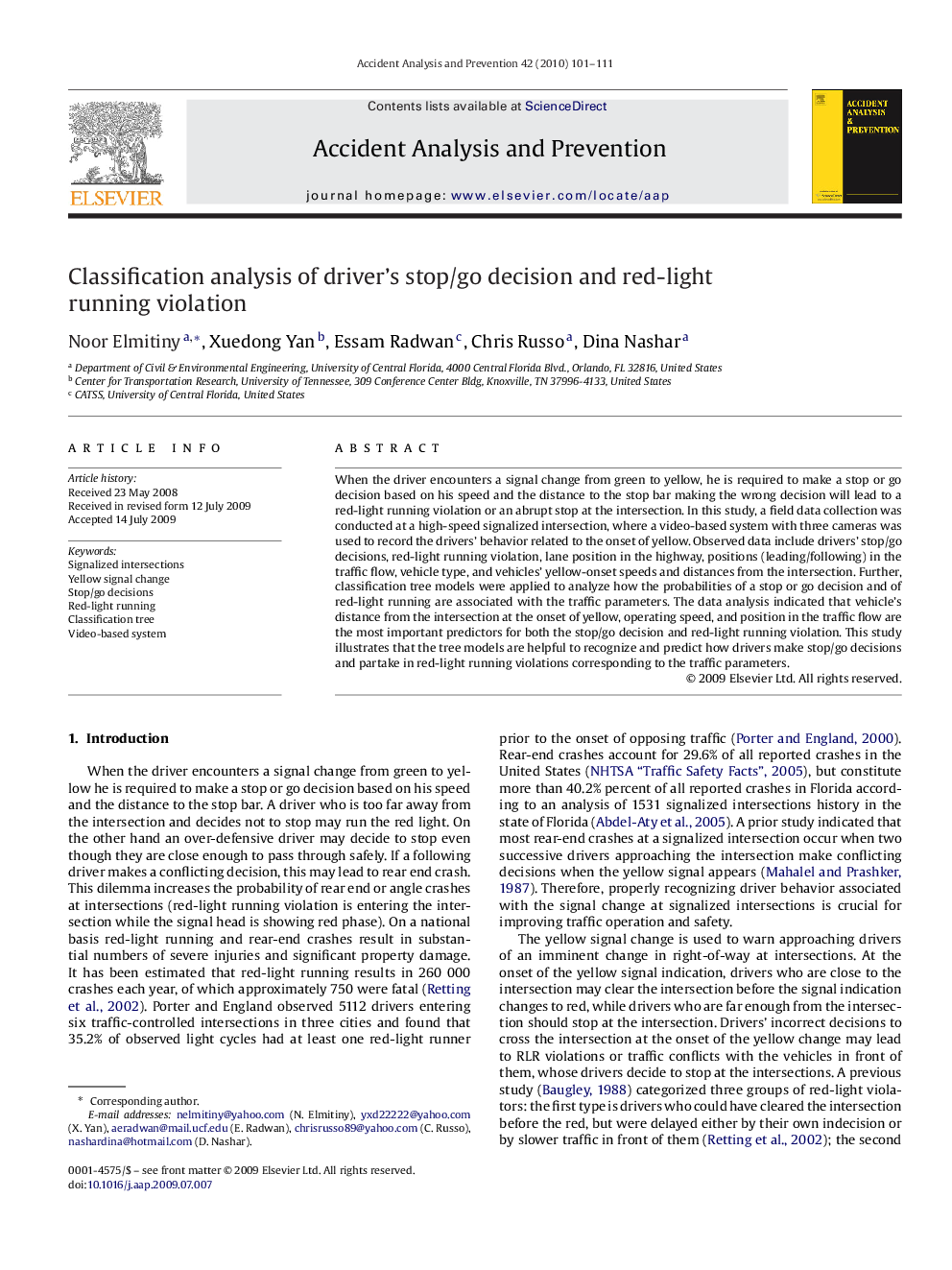 Classification analysis of driver's stop/go decision and red-light running violation