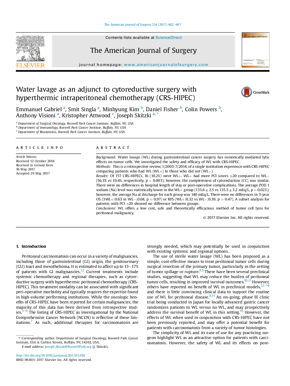 عکس صفحه اول مقاله: Water lavage as an adjunct to cytoreductive surgery with hyperthermic intraperitoneal chemotherapy (CRS-HIPEC) Water lavage as an adjunct to cytoreductive surgery with hyperthermic intraperitoneal chemotherapy (CRS-HIPEC)